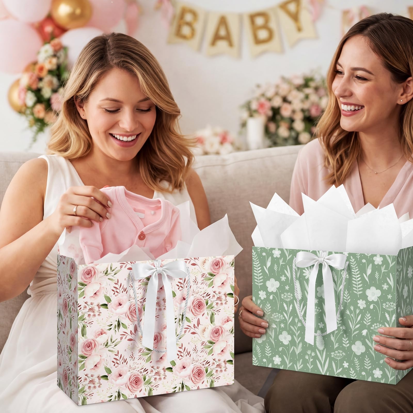 Silkfly 2 Pack Large Floral Gift Bags with Tissue Paper Ribbon Card & Envelope 13'' Flower Gift Bags for Woman Wedding Bridal Shower Baby Shower Birthday Spring Tea Party Flower Girl