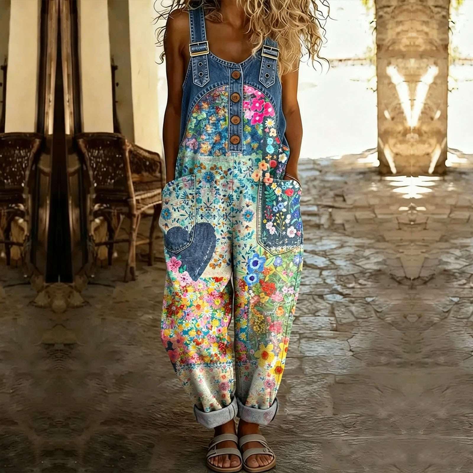 Jeans Latzhosen für Damen Bunte Jumpsuits Patchwork Muster Floral Oversize Hosen Romper Lässiger Bauch Kaschieren Streetwear Y2K Mode Denim Style Leichte Atmungsaktive Freizeithose