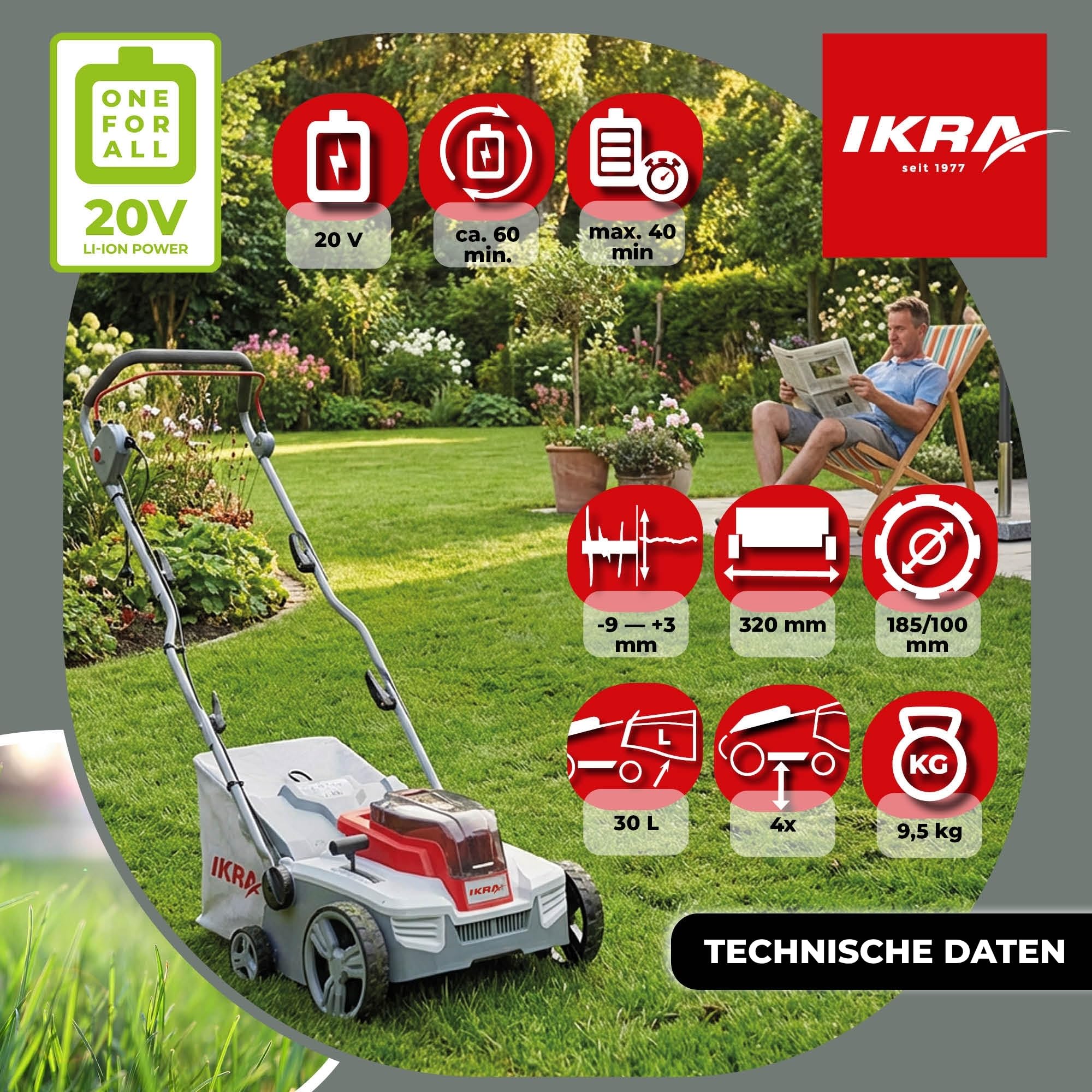 IKRA Akku Vertikutierer Rasenlüfter 3in1 IAVL 2-2032, Arbeitsbreite 32cm | Inkl. 2x Akku 20V 2,0Ah & Schnelllader, Fangkorb 30l, +3 bis -9mm, werkzeugloser Walzenwechsel, 20V-Akku-Familie von IKRA