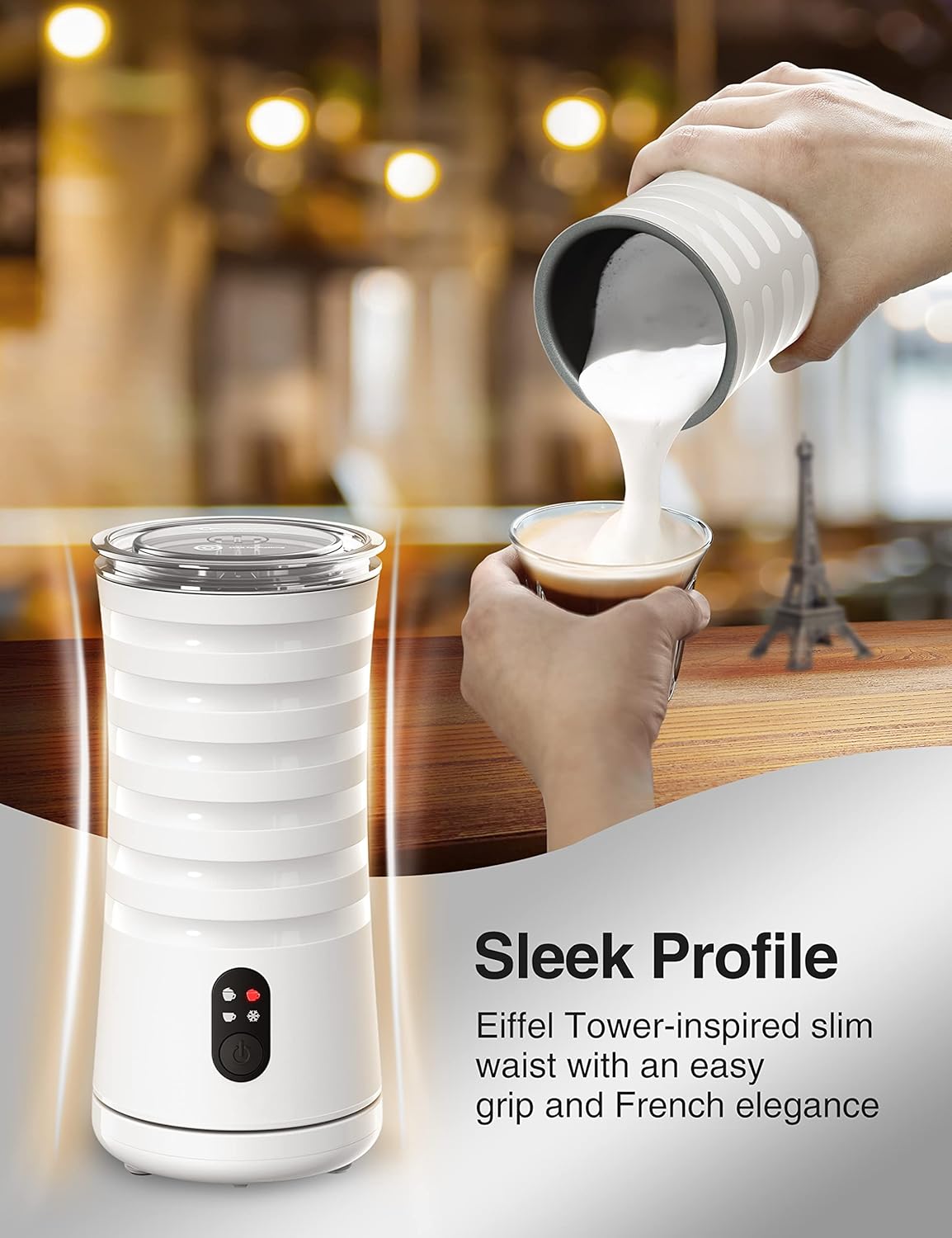 Milk Frother, Automatic Milk Frother Machine 4 in 1 Functions Milk Frother Machine for Coffee, Hot Chocolates, Latte, Cappuccino, Milk Frother 240ml, White