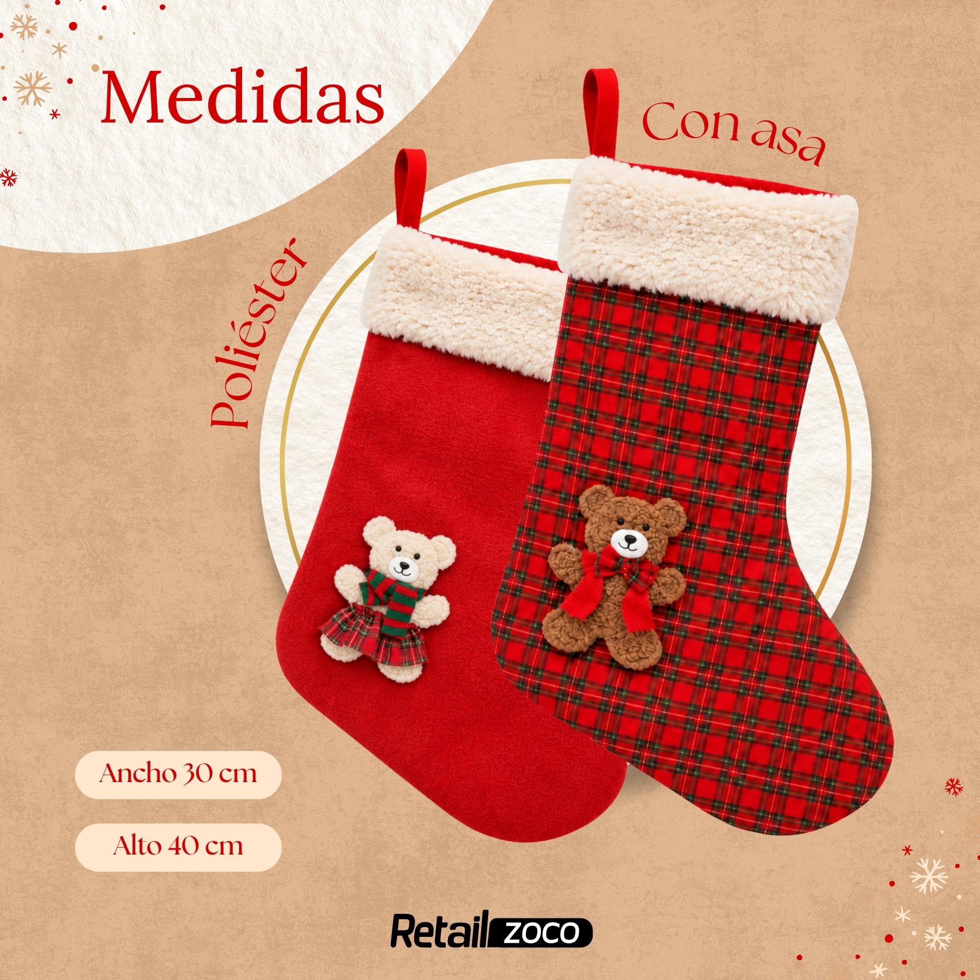 Calcetines Navidad, Calcetines Chimenea Papa Noel, Diseño Osos, 2 Unidades - imagen 4