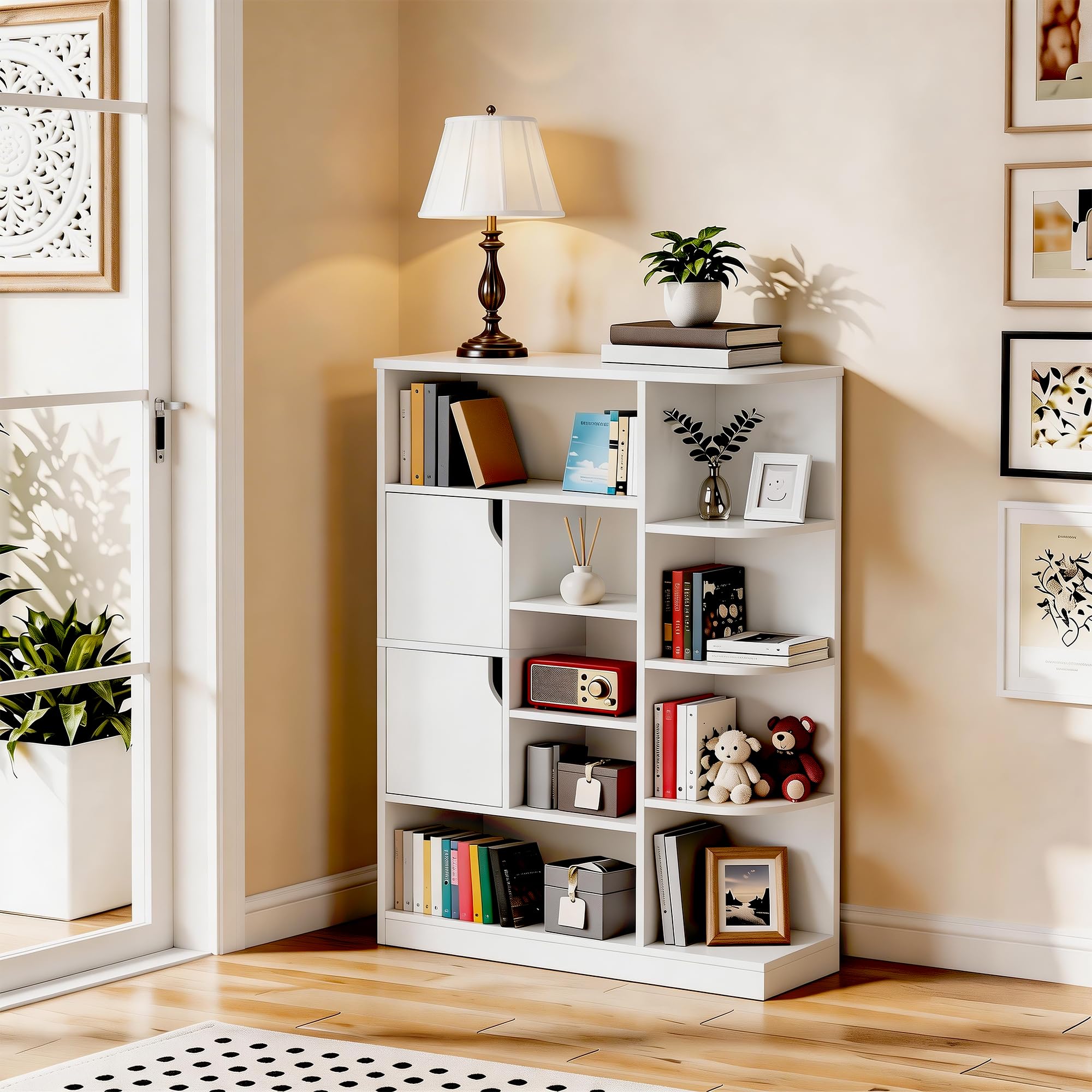 YITAHOME Librería Independiente con 9 estantes Abiertos y 2 Puertas (tapizada) para salón, Dormitorio u Oficina, Blanco, 80 × 24 × 120 cm (Ancho × Profundidad × Alto)