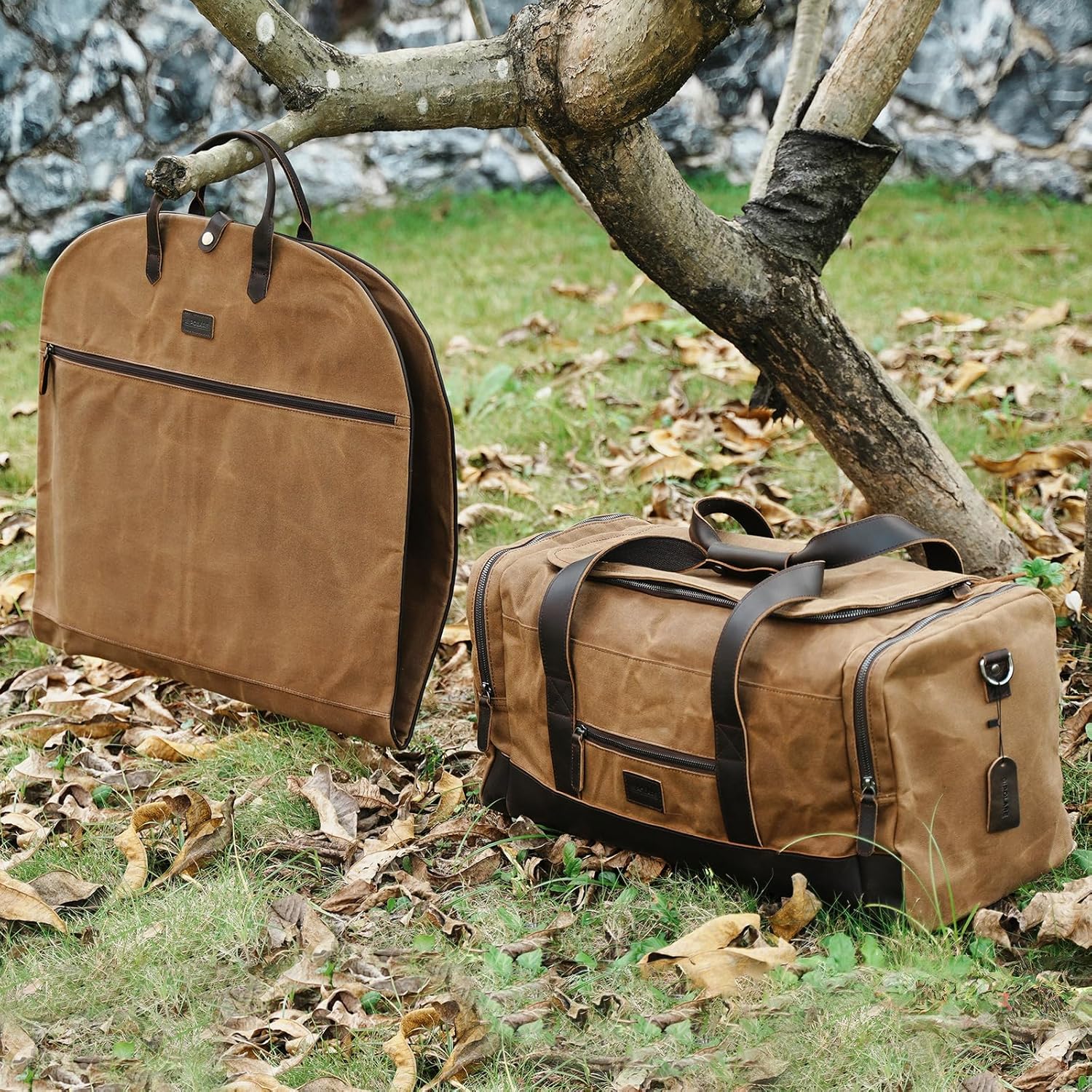 Polare 43” Waxed Canvas Full Grain Leather Trim Carry On Garment Bag for Travel, Waterproof Dust-Proof Foldable Hanging Suitcase Weekender Garment Cover with YKK Zipper - Image 5