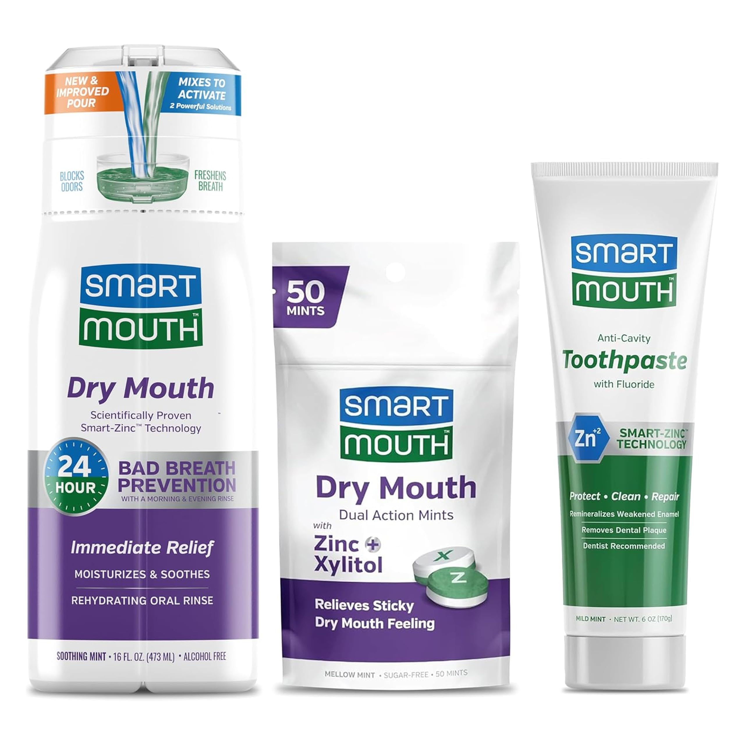 SmartMouth Package with Dry Mouth Activated Mouthwash - 16 Fl Oz Dry Mouth Oral Rinse - Dual-Action Mints, 50 Count - Premium Zinc Ion Toothpaste