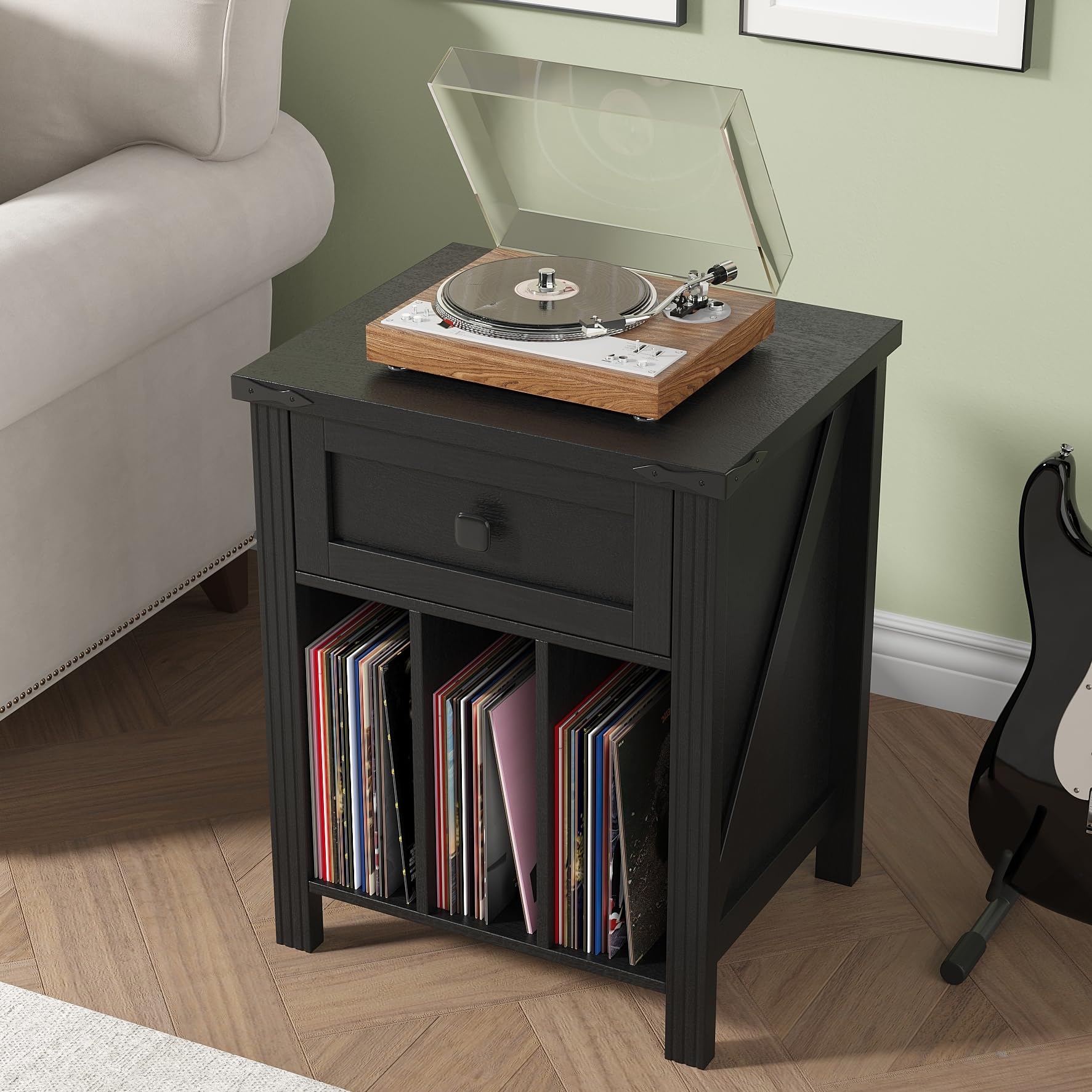 record player stand with vinyl record storage, turntable stand with charging station, wood vinyl record holder cabinet dispaly shelf with drawer, black
