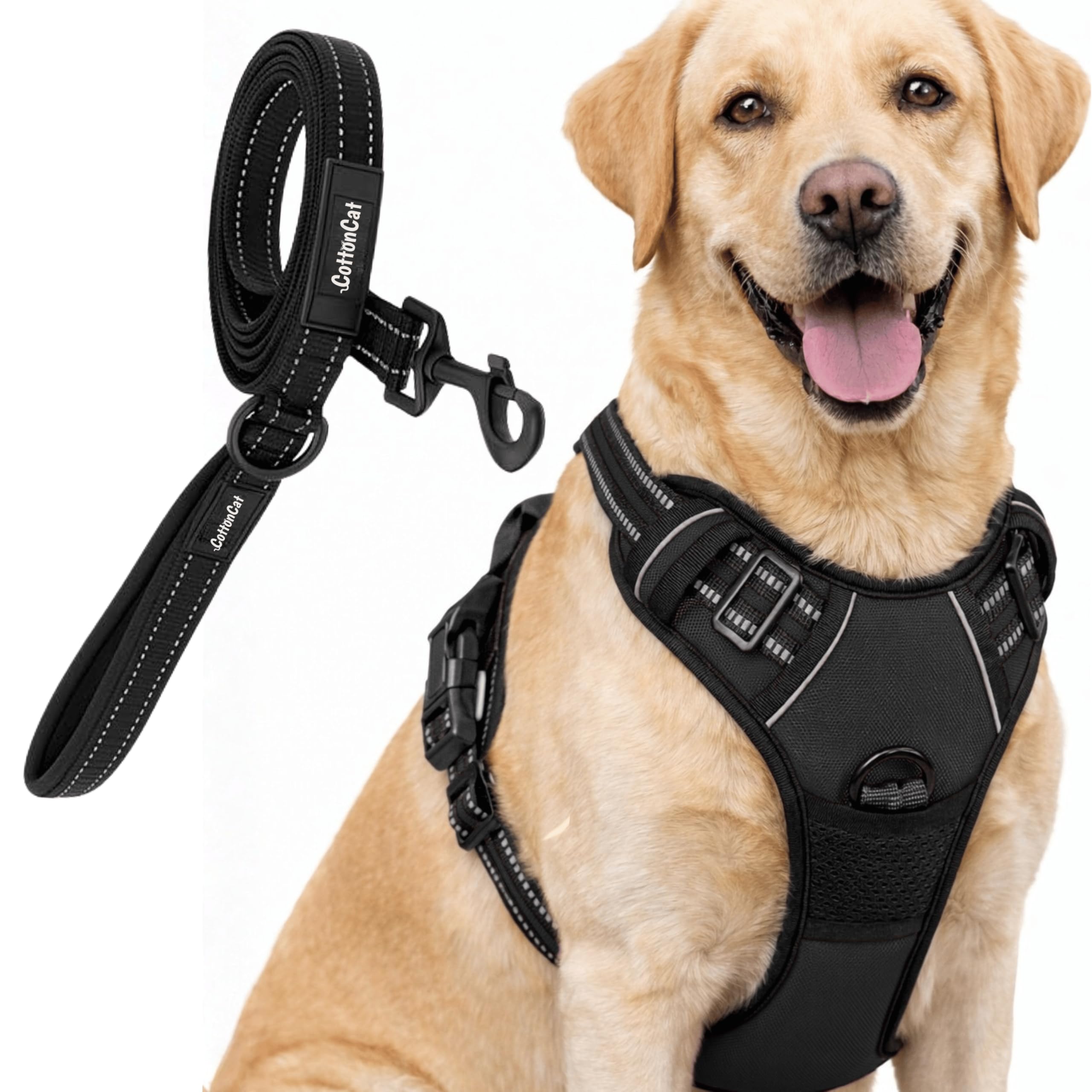CottonCat - Arnés para perro, antitirones, antiasfixia, con correa reflectante, ajustable, transpirable, para caminar y entrenar, perros pequeños, medianos y grandes (negro, L)