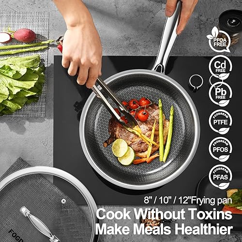 Miniatura 4 de Fogdream Juego de ollas y sartenes de 10 pulgadas antiadherentes, sartén de acero inoxidable con tapa, sartén apta para lavavajillas y horno, libre