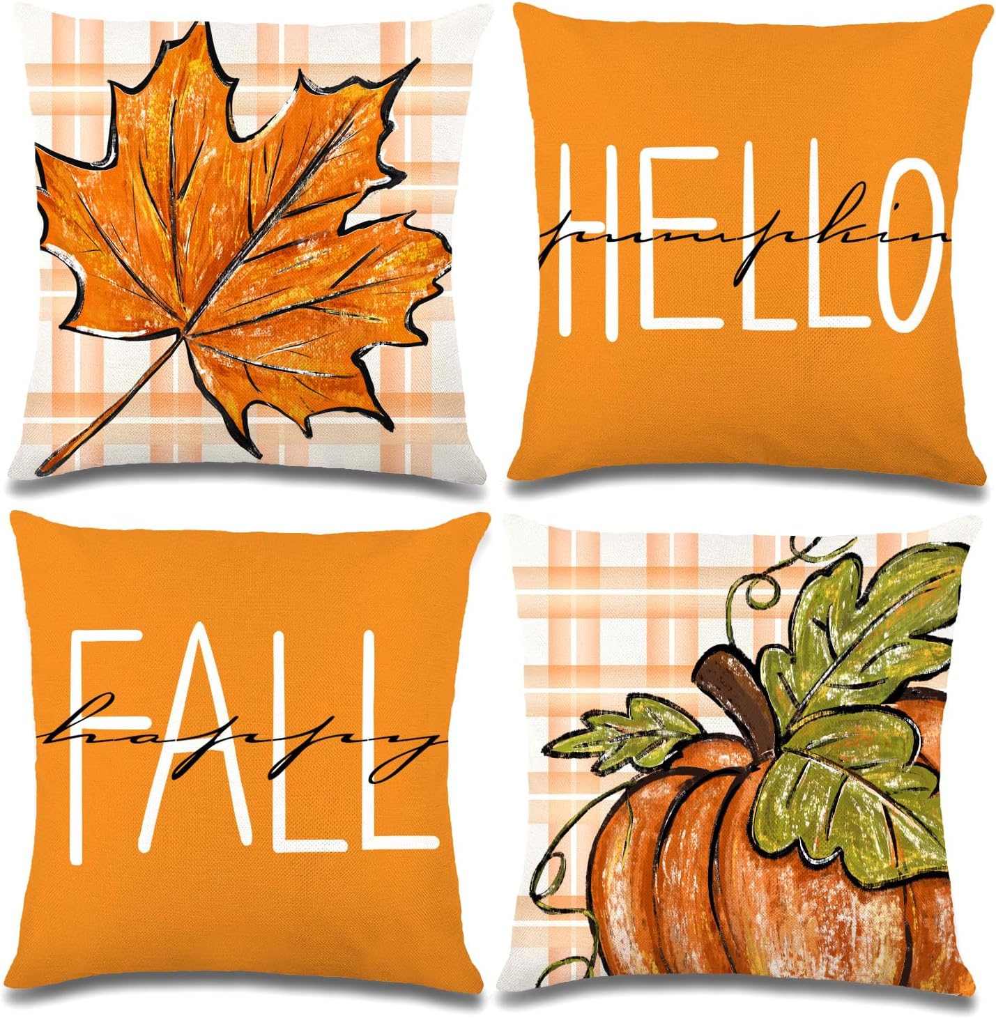 YUJUN 4 Pack Fall Pillow Covers Decoration,18x18in Buffalo Plaid Farmhouse Pumpkin Maple Leaves Thanksgiving Fall Throw Pillows Cushion Case Couch Decor for Autumn Home Outdoor Decorations