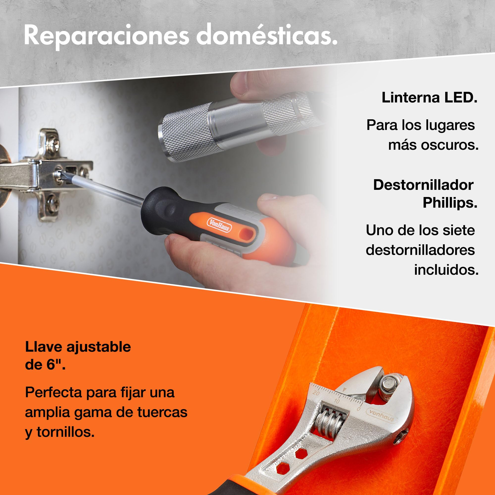 VonHaus Herramientas de Bricolaje – Caja de Herramientas Completa, 120 Piezas con Maletín– Incluye con Juego de Destornilladores, Martillo, Linterna LED, Metro 3 m y Más