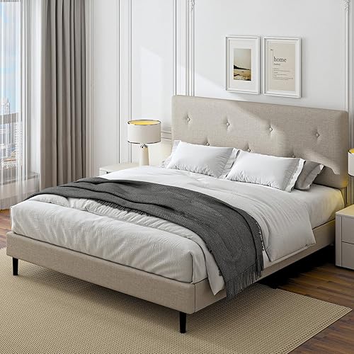 Miniatura 7 de Base de cama de lino tamaño King, marco de cama tapizado con cabecera ajustable, soporte de listones de madera, fácil montaje, no necesita somier,