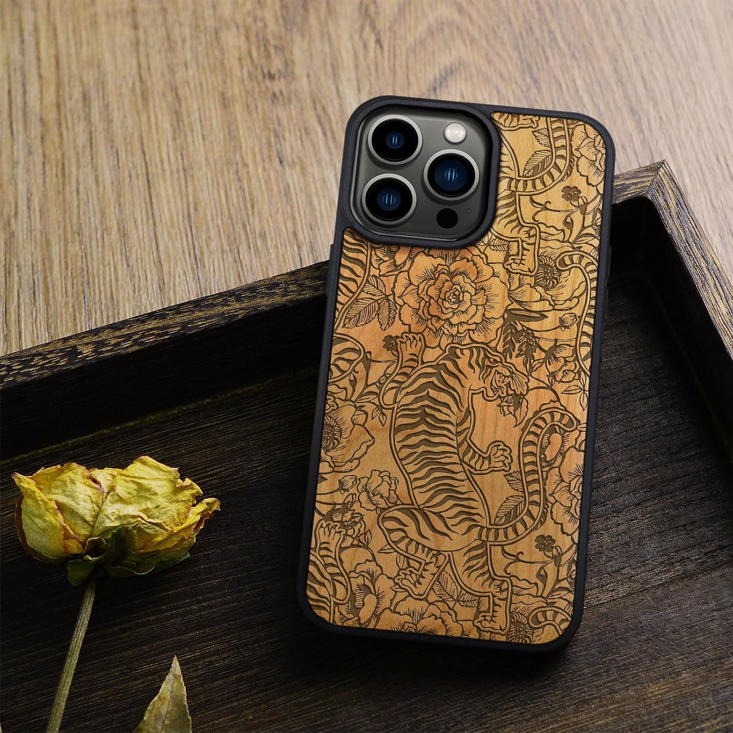 Carveit Magnetic Wooden Case for iPhone 15 Pro Max Case, Compatible with MagSafe Wireless Chargers, Black Soft TPU Shockproof Cover & Wood Artisan Engraved (Tiger Amidst Flowers) - Cherry