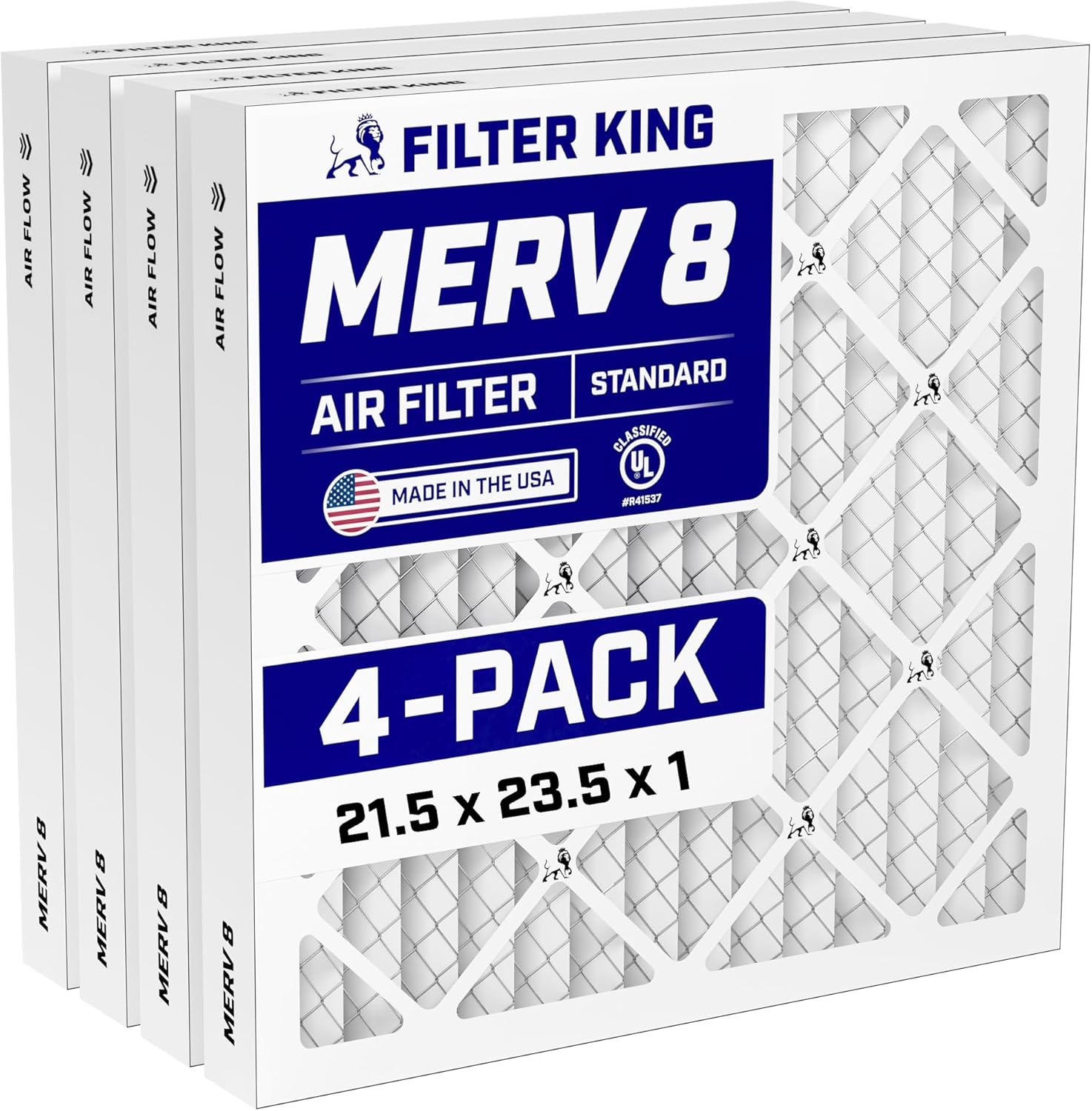 Filter King 21.5x23.5x1 Air Filter (MERV 8) (4-Pack) Dust & Allergy Control AC Furnace Filters, MADE IN USA, HVAC, Pleated, Electrostatic (Actual Size: 21.5x23.5x.75)