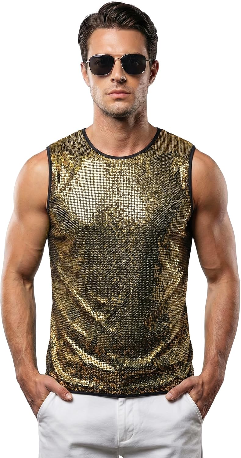 Men's Sparkly Tank Top - Sleeveless Round Neck Glitter Party Shirt for 70s Disco Festival Rave Clubwear Rave Outfit