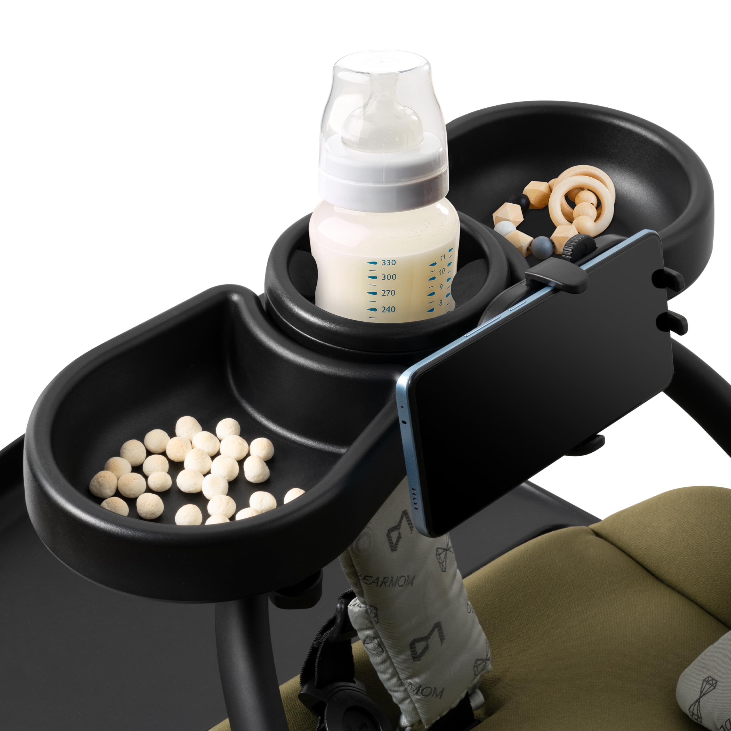 4 in 1 Universal Stroller Snack Tray Clip-On Organiser with Dual Drink Cup Holders Secure Phone Holder Removable Adjustable Food Tray for Baby Pram Bike Walker Pushchair Wheelchair Travel Accessories
