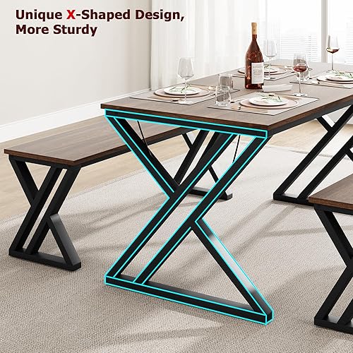 Miniatura 3 de GAOMON Juego de mesa de comedor para 4, mesa de cocina con marco de metal resistente, juego de mesa de comedor rectangular con 2 bancos, ahorro de