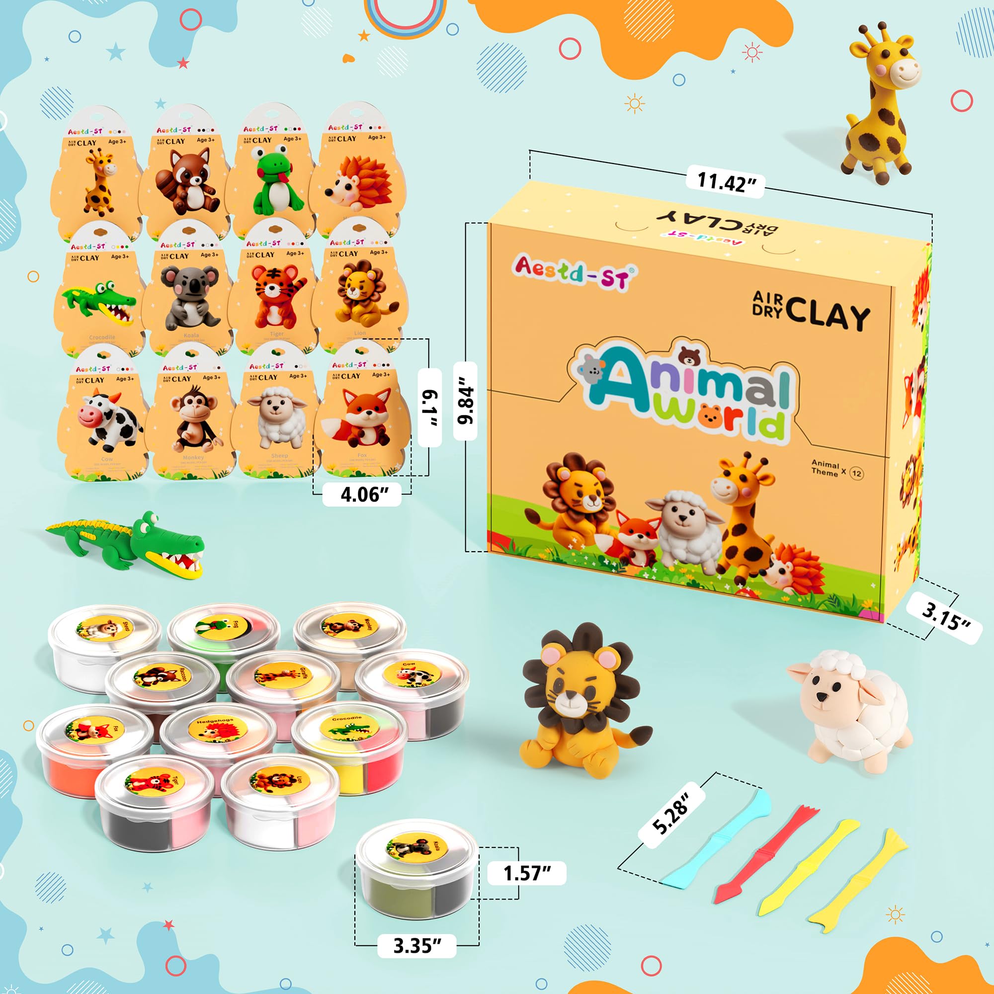 Air Dry Clay Kit - Animal Theme, Modeling Clay for Kids, DIY Model Magic Clay with Sculpting Tools and Tutorials, 12 Boxes Molding Clay, Ultra Light, Soft & Non-Sticky, Arts and Crafts Gift for Kids