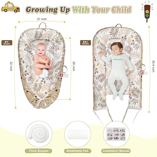 Miniatura 3 de Tumbona de bebé para recién nacido, asiento portátil para bebé con funda transpirable, cama de algodón ajustable para juegos en el suelo y viajes