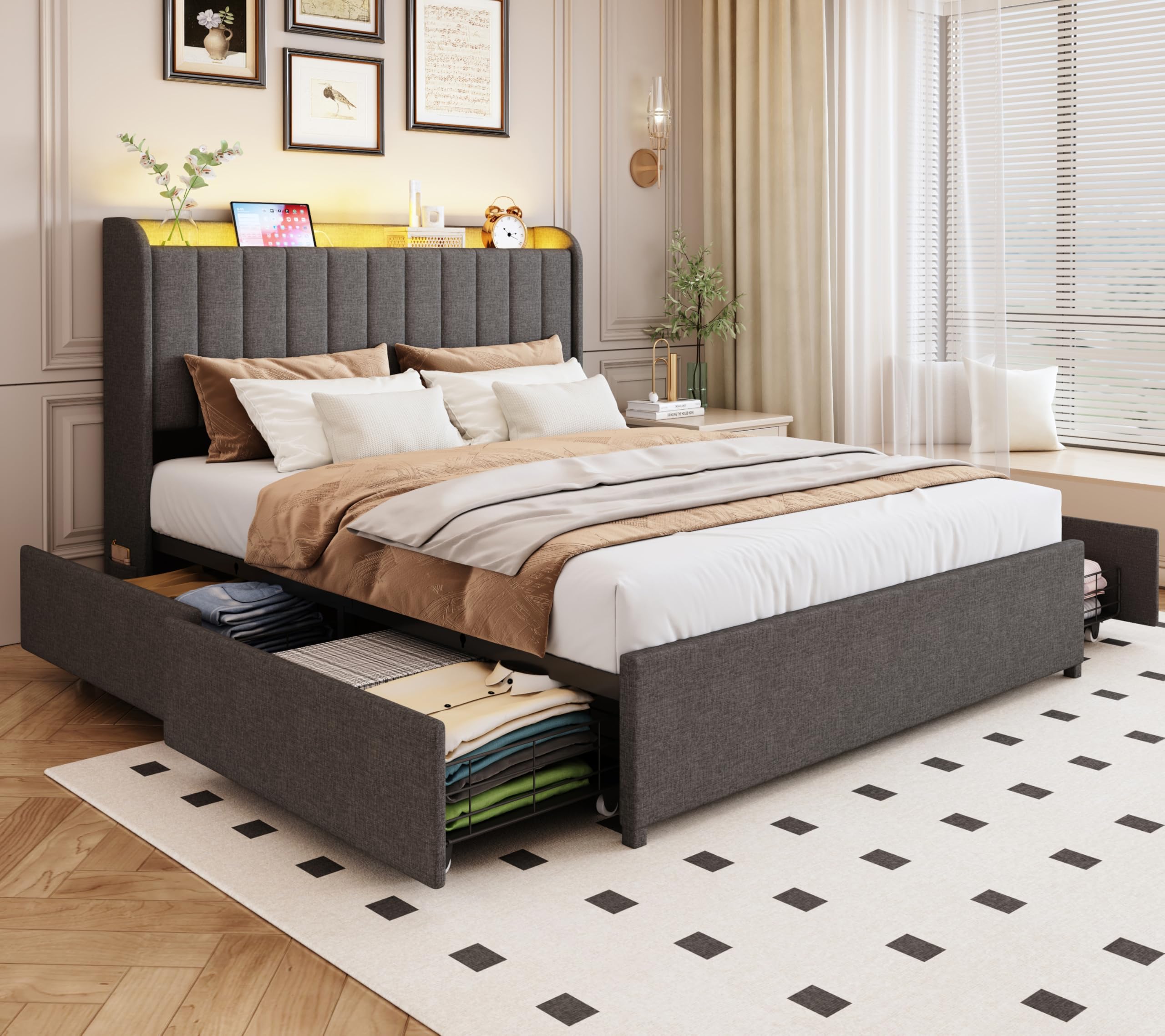 Condition photo showing New/Like New for queen bed frame with 4 drawers and storage headboard, upholstered platform bed frame queen size with led lights and handy charging station, no box spring needed, easy assembly, noise free, gray