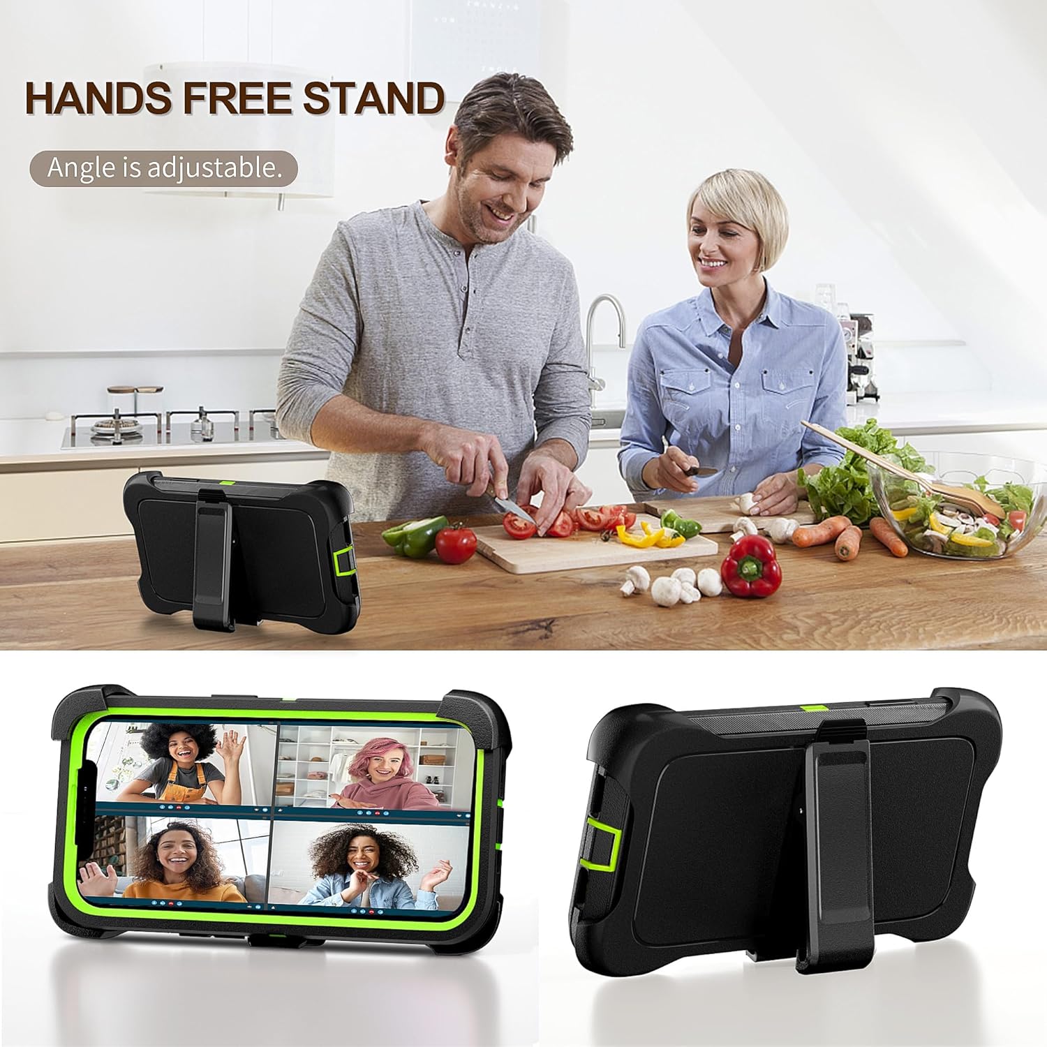 for iPhone 14 Case 6.1" Belt-Clip Kickstand with 2 Screen Protector & 2 Camera Lens Protector, Full Body Protection Heavy Duty Case Cover (Black Green+Clip)