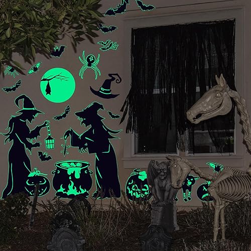 Miniatura 4 de AnyDesign 2 hojas de calcomanías de pared de bruja de Halloween que brillan en la oscuridad, bruja, murciélago, calabaza, araña, calcomanías de