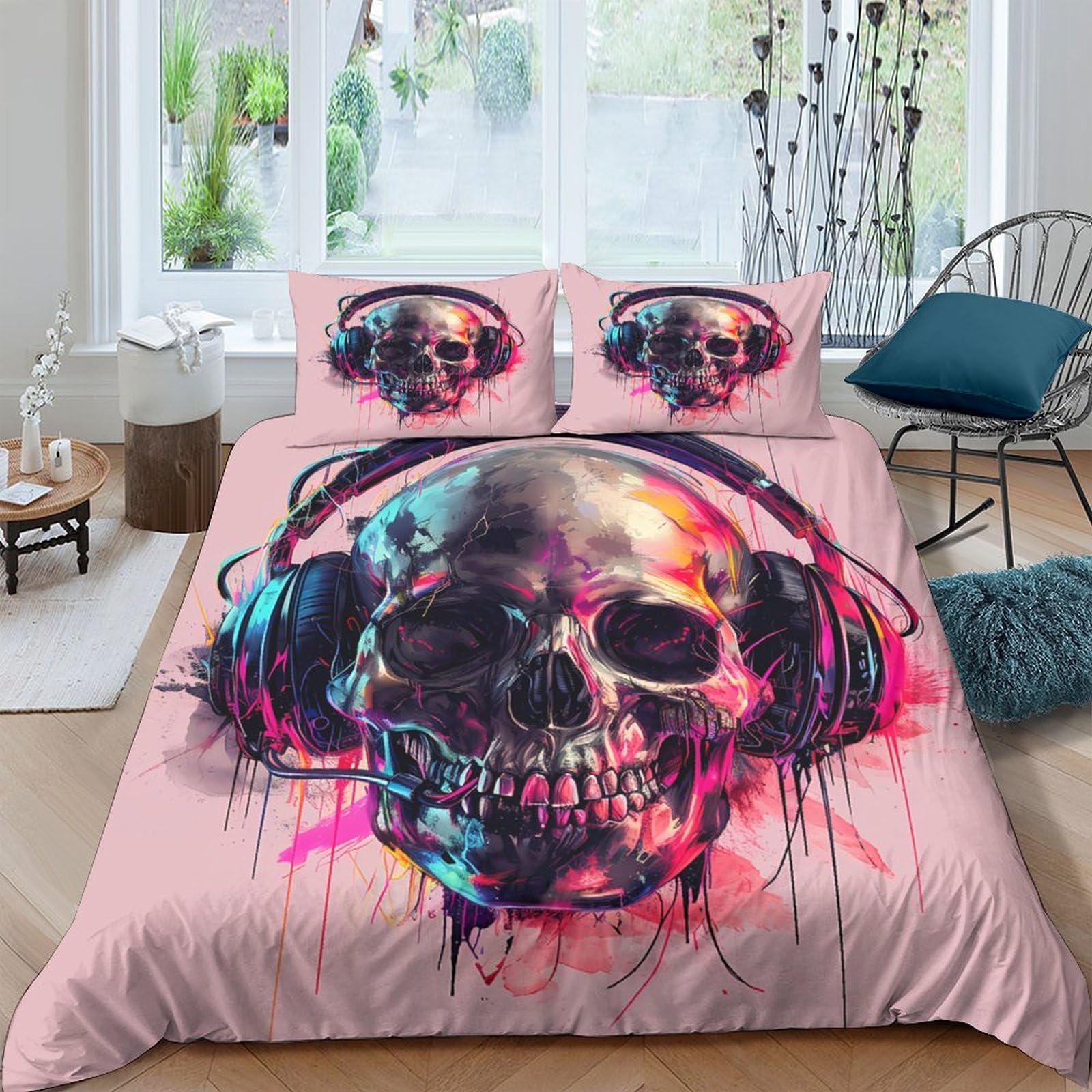 Ctjqhvkz Style-4 3D Printed Skull Headphones Fitted Sheet Microfiber Soft Pink Graffiti Bed Cover For Bedroom Dorm Easy Care Decor Single（135X200cm）