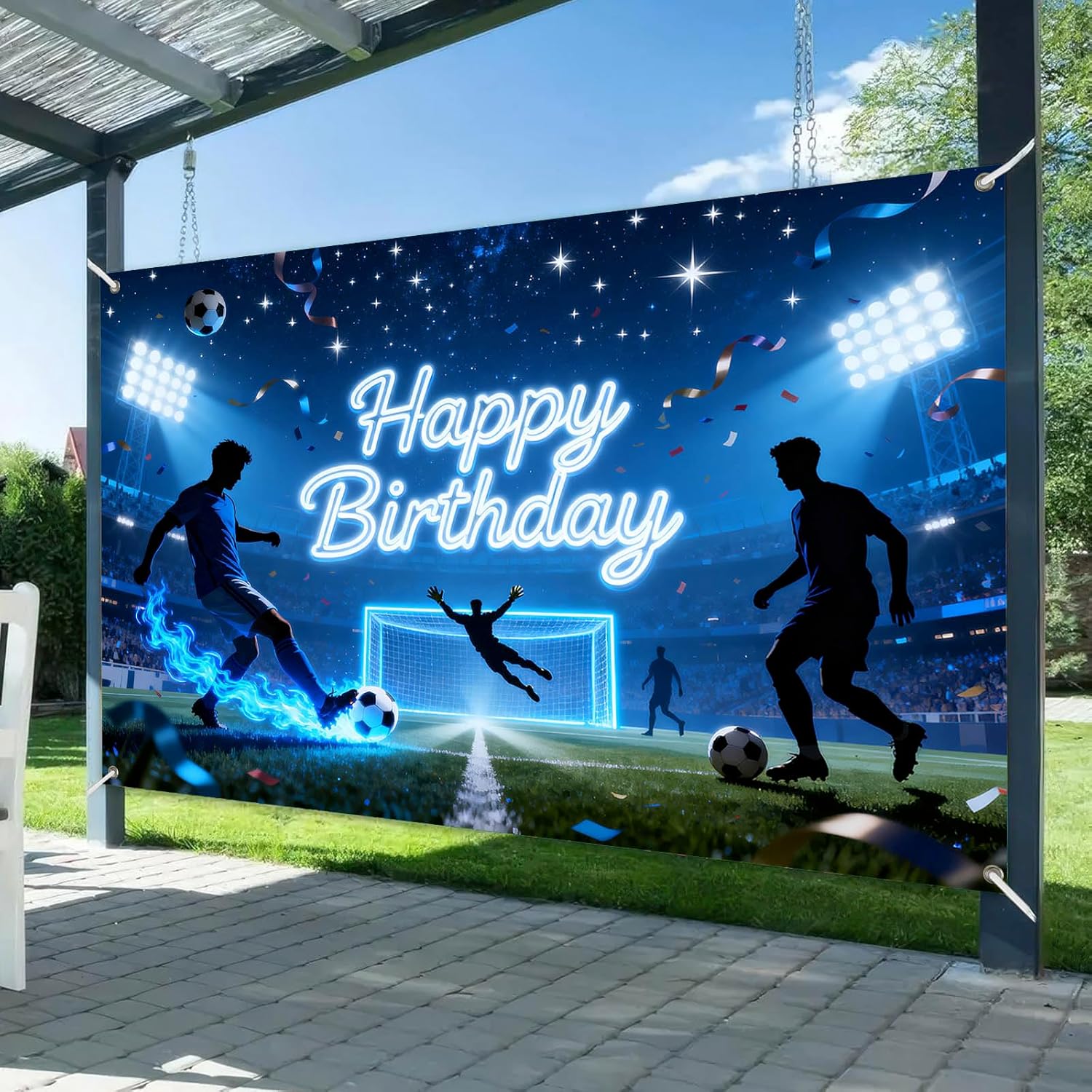 Soccer Stadium Happy Birthday Banner Blue Sports Party Backdrop for Soccer Fan Birthday Decorations and Football Themed Celebrations for Boys Teens and Adults 71x43Inches - Image 2