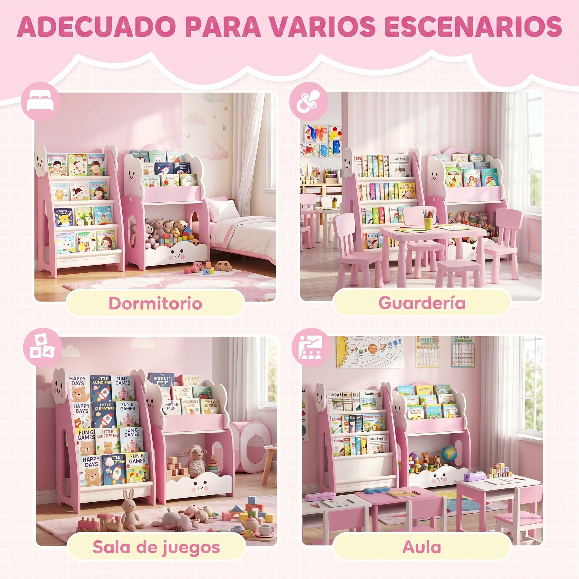 AIYAPLAY Estantería Infantil para Juguetes 3 en 1 85,5x32x72 cm Rosa | Organizador de Juguetes con Librería, Revistero y Mesita de Noche, para Niños 3-8 Años, para Dormitorio, Sala de Juegos