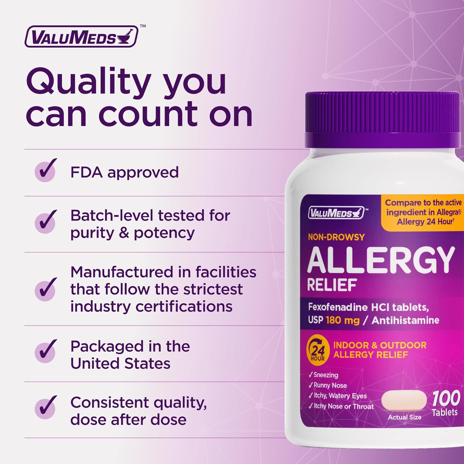 ValuMeds | Compare to Allegra | Fexofenadine HCl 180mg | 24-Hour Allergy Relief, Non-Drowsy Antihistamine Generic Medicine for Allergies, Hay Fever, Itchy Eyes | for Kids & Adults (100 Count) - Image 6