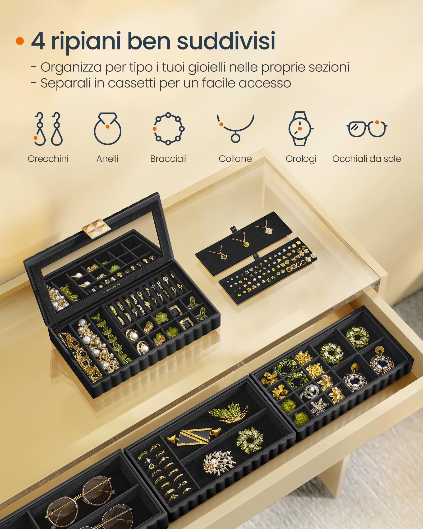SONGMICS HOME ANAH Collezione - Scatola Portagioie Impilabile con Specchio, Porta Gioielli a 4 Ripiani, PU con Cucitura, Effetto Fluttuante, 17 x 28 x 20,5 cm, Idea Regalo, Nero Inchiostro JBC181B01