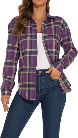 GUANYY Womens Long Sleeve Shirts Classic Button Down Flannel Shirt Cotton Plaid Loose Fit Blouses