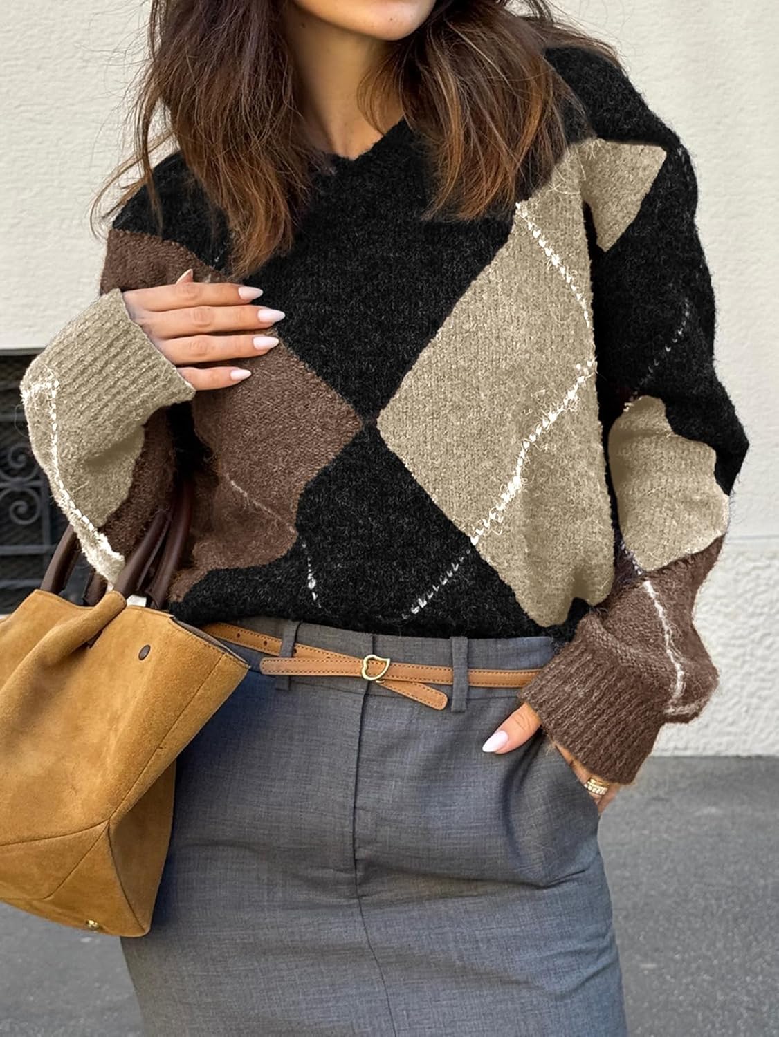 Women's V-Neck Argyle Sweaters Pullover Color Block Oversized Chunky Knit Casual Sweater Top - Image 3
