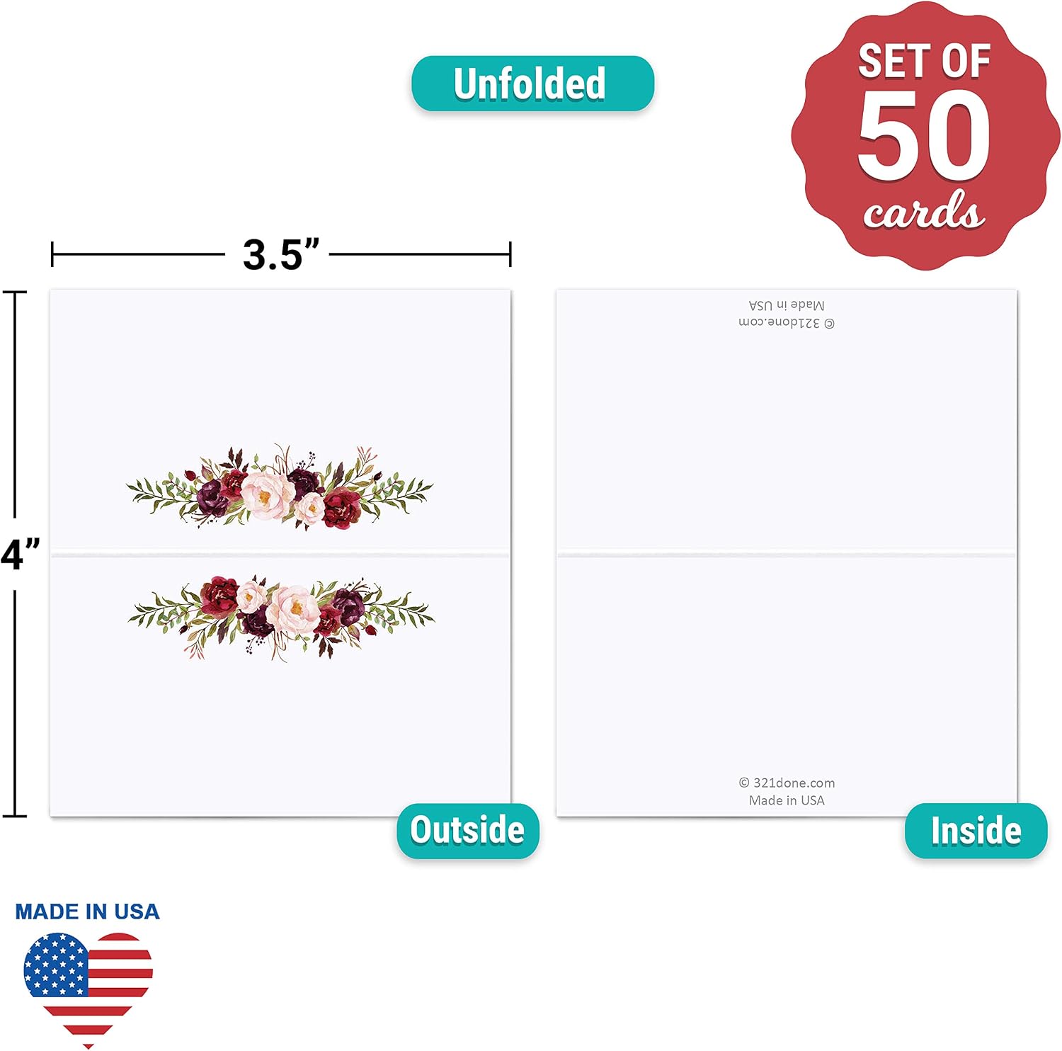 321Done Place Cards, Name Cards, 3.5x2, Set of 50, Red Roses White