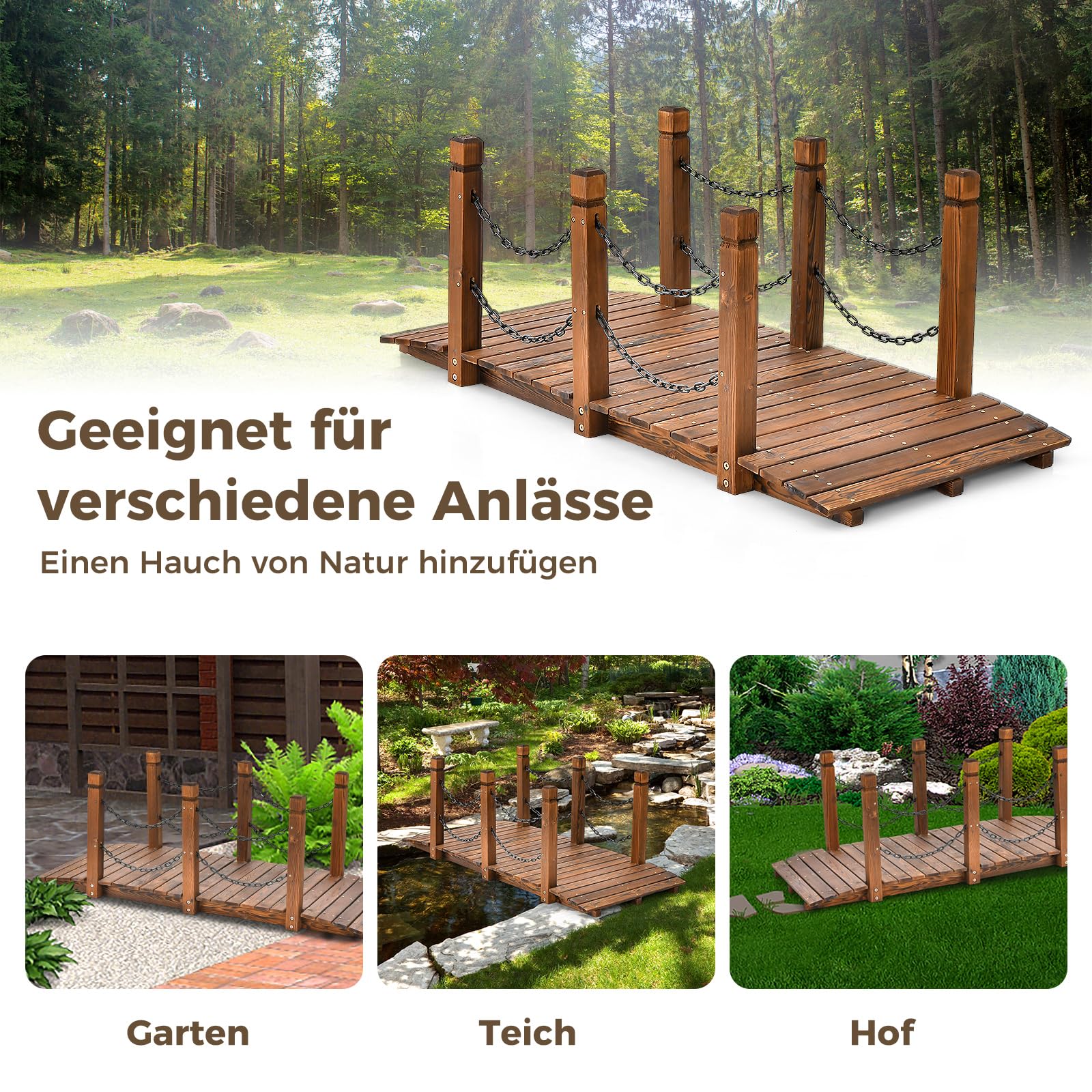 COSTWAY Brücke, Teichbrücke Gartenbrücke, Holzbrücke mit Geländer, Zierbrücke belastbar bis 120 kg, Dekobrücke für Garten, Teich, Bach, Bauernhof, 150 x 67 x 55 cm, Braun