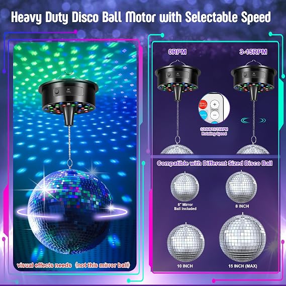 Disco Ball with Motor and 6 Inch Mirror Ball, Rotating 0/3/6/9/12/15 RPM Variable Speed,12 Lighting Colors and 4 Light Modes, 16 FT USB Power Cable and Remote Control, for Party Wedding Christmas