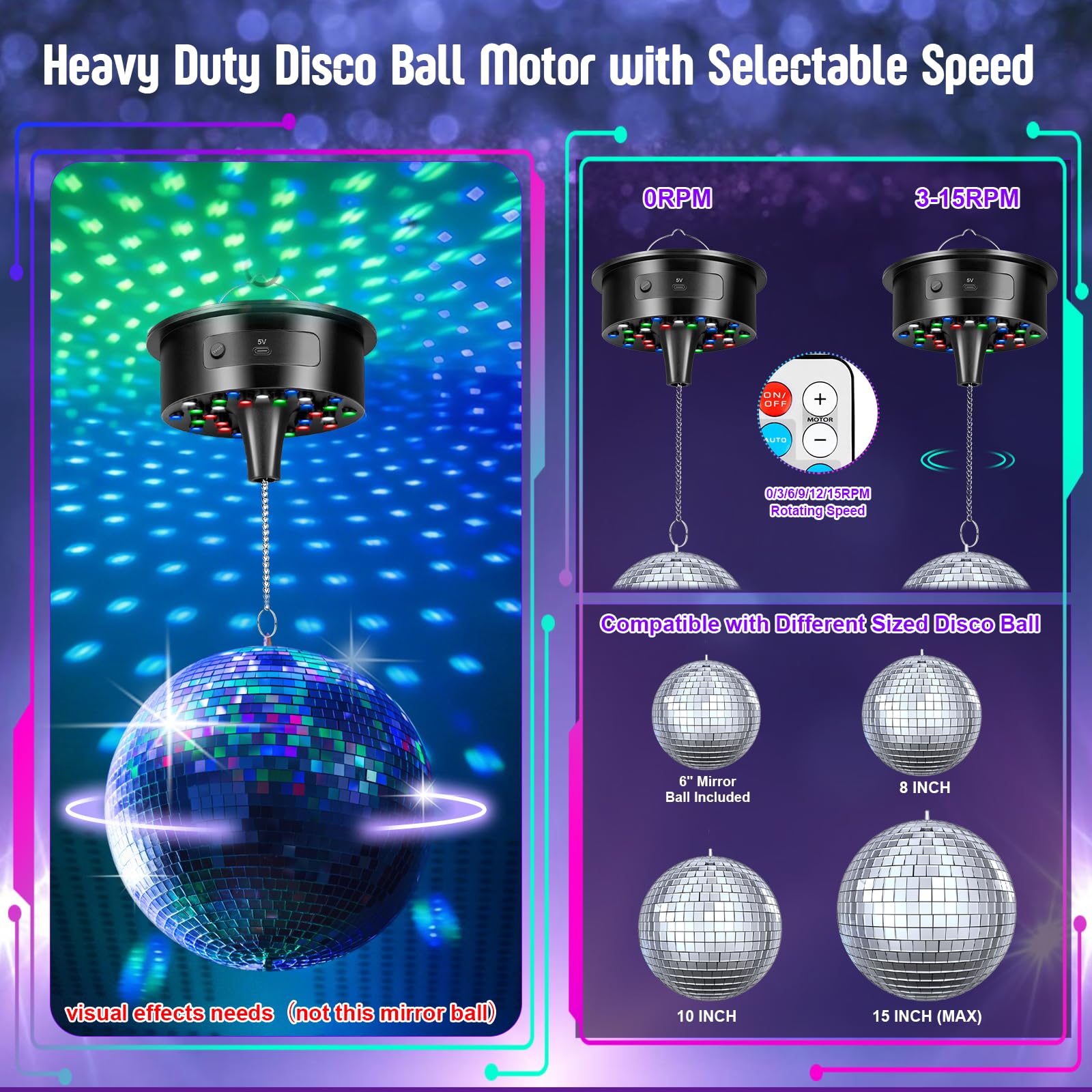 Boule disco avec moteur et boule miroir de 15,2 cm, rotation 0/3/6/9/12/15 tr/min à vitesse variable, 12 couleurs d'éclairage et 4 modes d'éclairage, câble d'alimentation USB de 4,9 m et télécommande