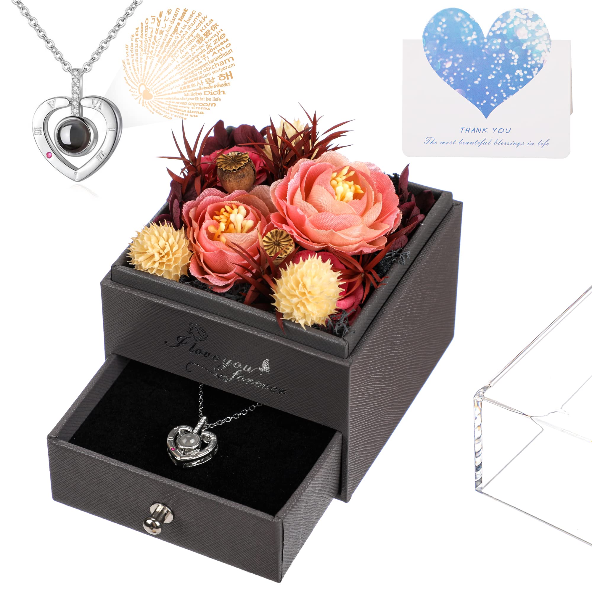 Photo 1 of **NEW**  Rose Flowers Birthday Gifts for Mom, Mothers Day Preserved Flowers Box Gifts for Women Grandma,Valentines Flower Gifts for Wife Her with I Love You Necklace,Anniversary Flower Gifts Box for Girlfriend Orange Pink