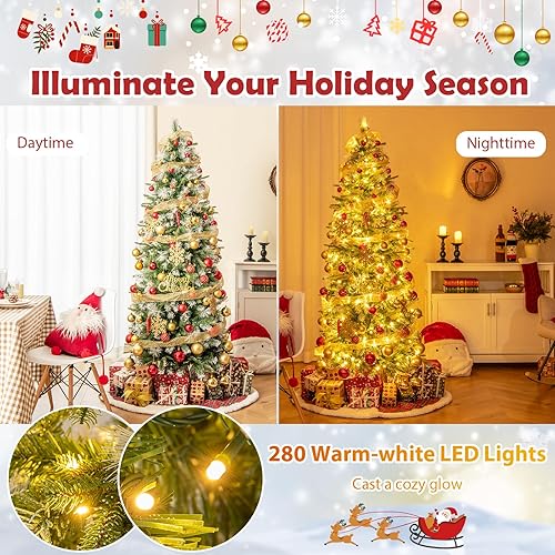 Miniatura 2 de Goplus Árbol de Navidad preiluminado de 6 pies, árbol de Navidad artificial con bisagras con 580 puntas esmeriladas flocadas, 280 luces LED blancas