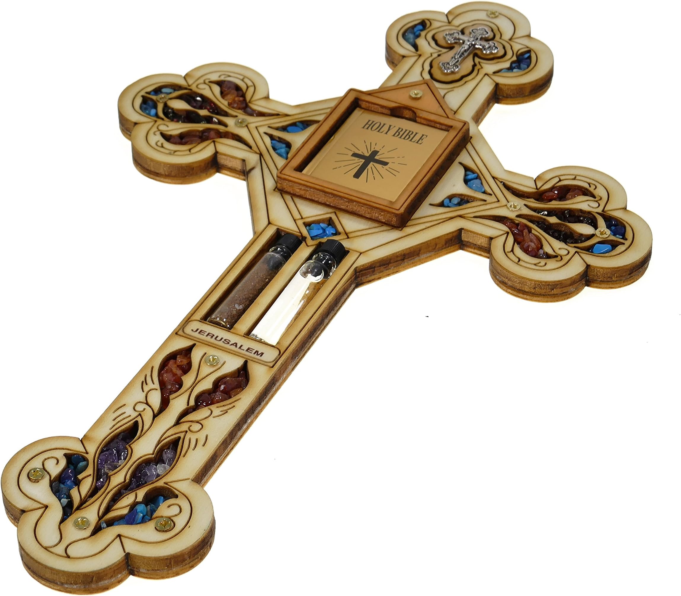 Matiel 11.4" Holy Water and Soil Home Wood Cross Crucifix Unique Simulated Gemstones Wall Decor & Holy Bible Handmade Keepsake