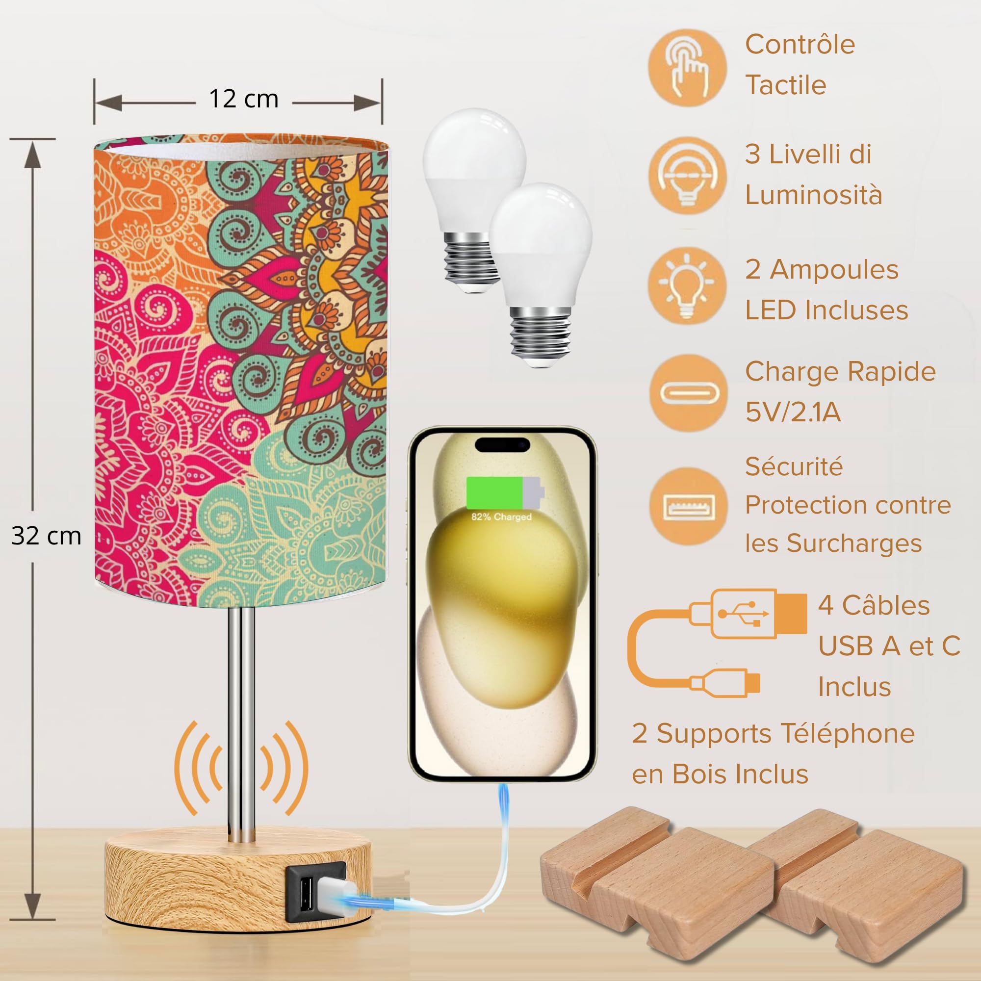 Set 2 Lampade da Comodino Touch LED con Porta USB, Abat Jour Moderne Dimmerabili 3 Livelli, Lampade Camera da Letto o Salotto, Lampadine Incluse, Regalo Premium Design (2 pezzi Bohémien)