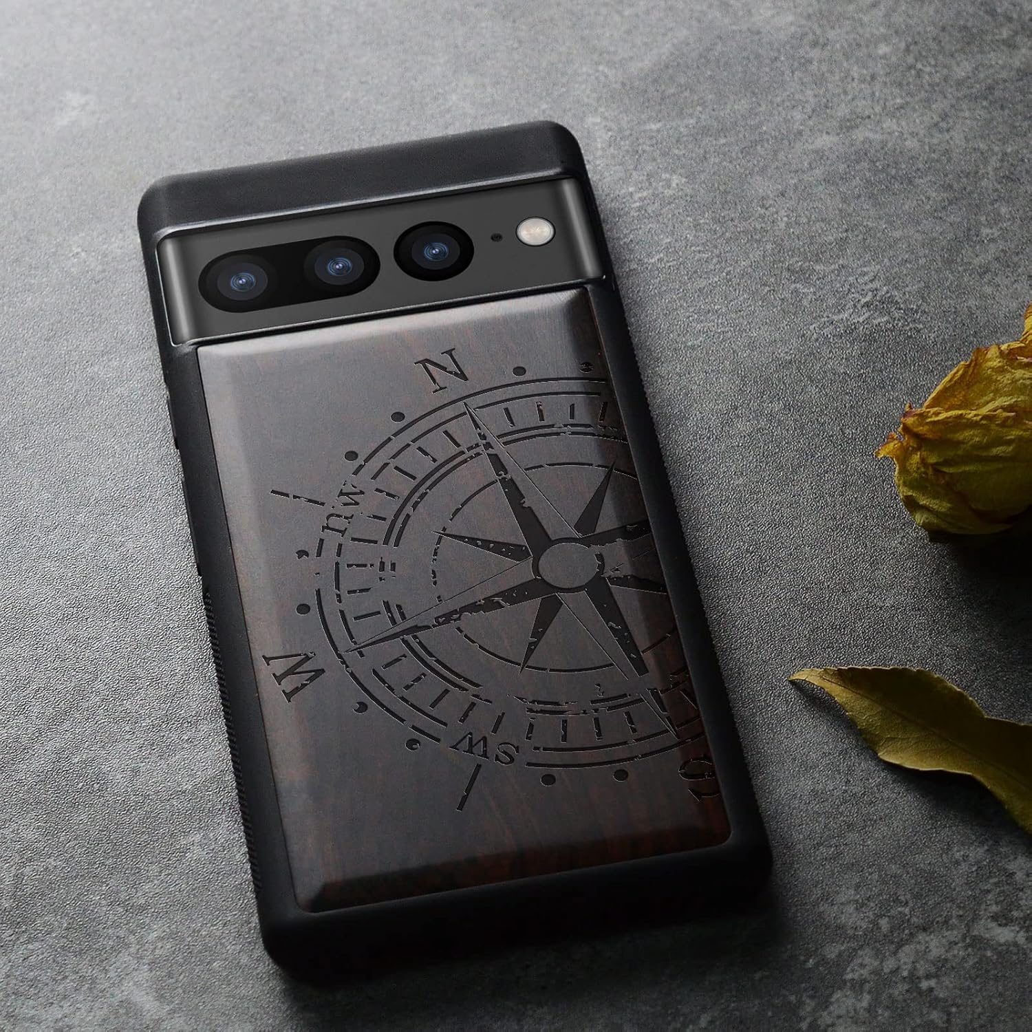 Carveit Wood Case for Google Pixel 7 Pro [Natural Wood & Black TPU] Shockproof Protective Cover (Blackwood, Vintage Compass)