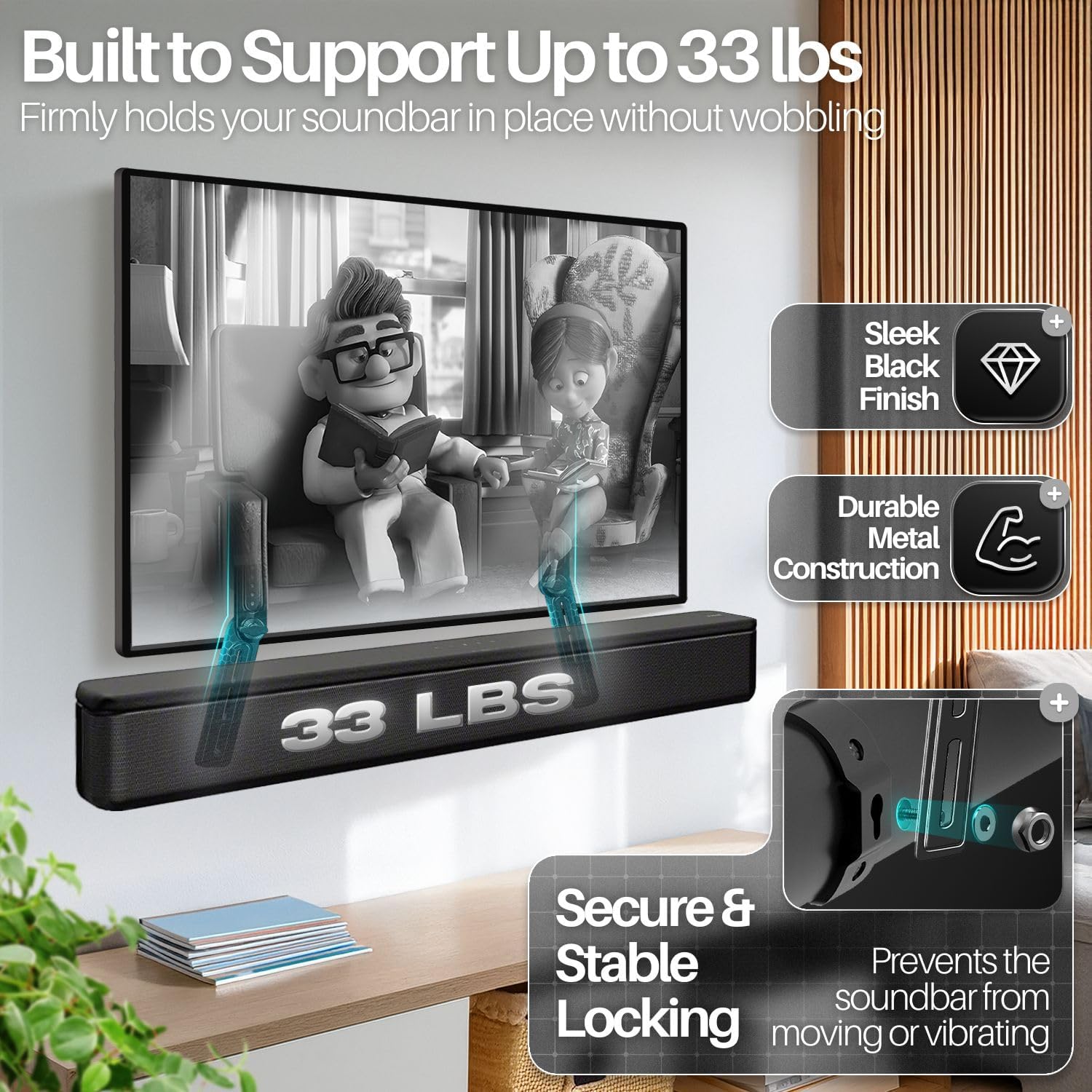 TNP Soundbar Mount Bracket Under TV or Above - Universal Sound Bar TV Mounting Kit with Adjustable Swivel & Detachable Extension Plates Compatible with LG, Vizio, Bose, Samsung & More, Up to 33 Lbs