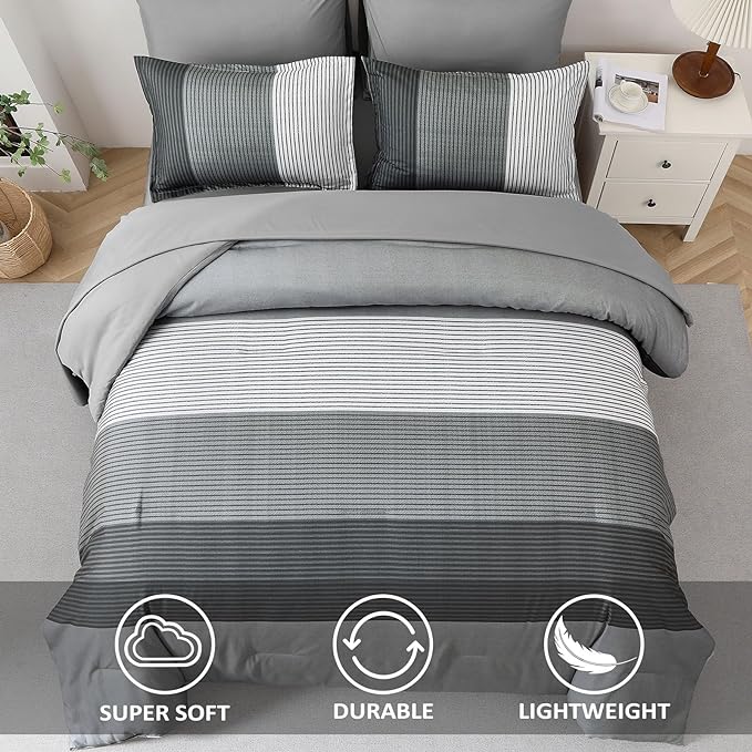 WONGS Bedding Grey Comforter Set King, Reversible Grey Striped Down Alternative Comforter