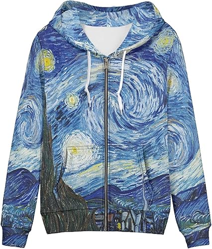 Irisjudy Color Stripes Zip up Hoodies for Women, Monet Art Sport Sweatshirt Women Ladies Hooded Tops for Spring Fall