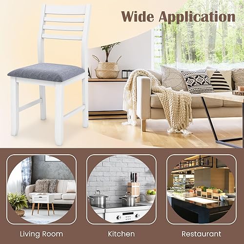 Miniatura 8 de Giantex Juego de 2 sillas de comedor blancas, sillas de cocina tapizadas con asiento acolchado y respaldo de escalera, sillas laterales sin brazos
