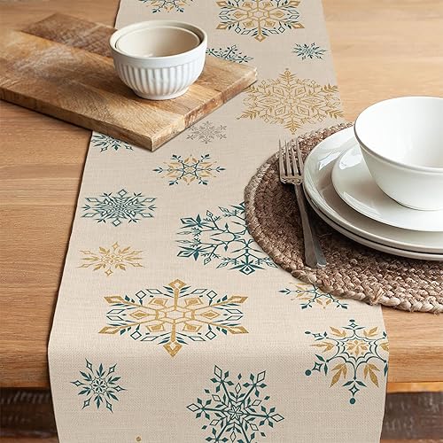 Miniatura 5 de Seliem Camino de mesa de copos de nieve azul dorado para invierno, bufanda de mesa de granja, hogar, cocina, comedor, decoración navideña, arpillera
