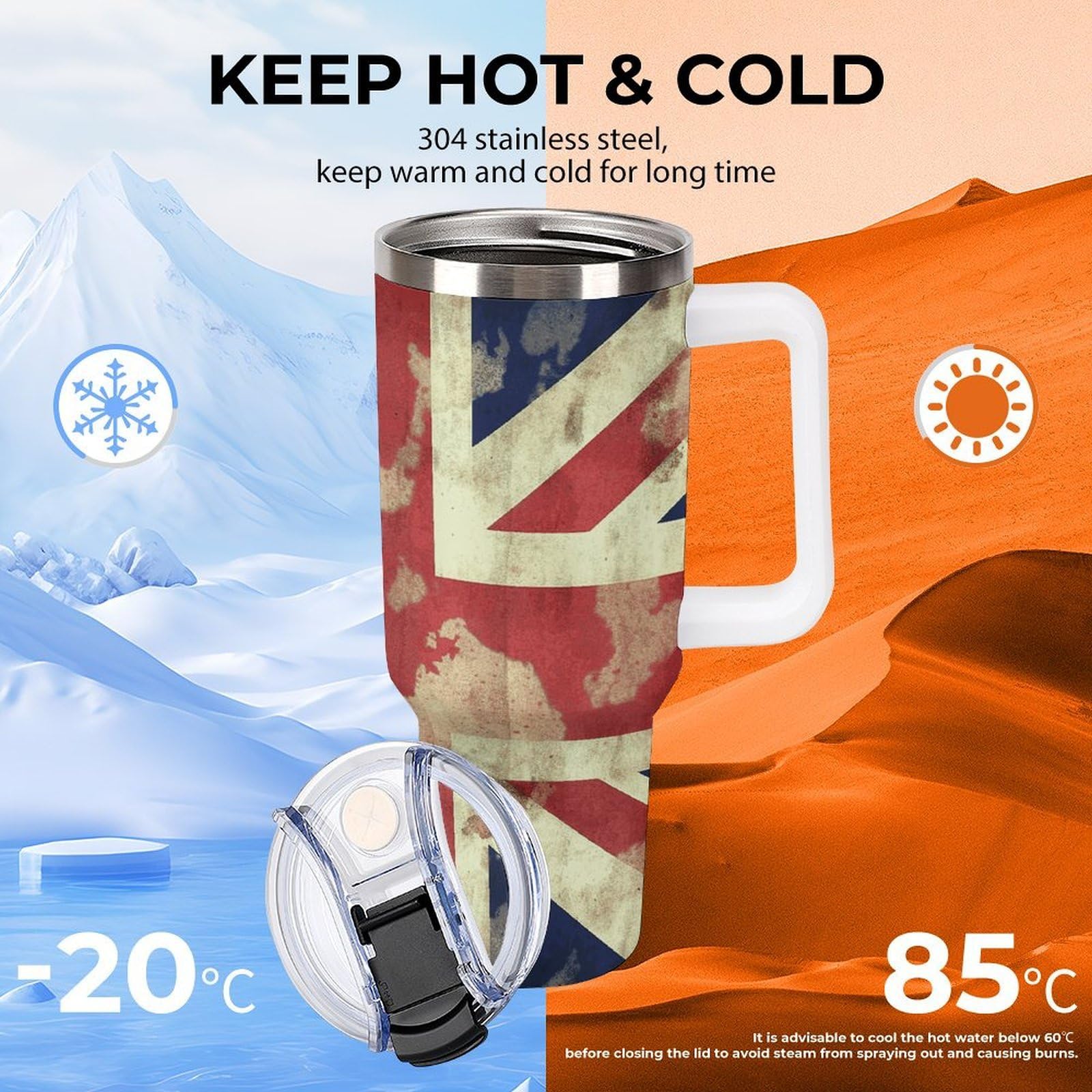 Autobecher aus 304 Edelstahl, Vintage-Stil, britische Flagge, Trinkhalm und auslaufsicherer Deckel, großes Fassungsvermögen, vakuumisolierter Reisebecher für Auto-Becherhalter, 1,2 l