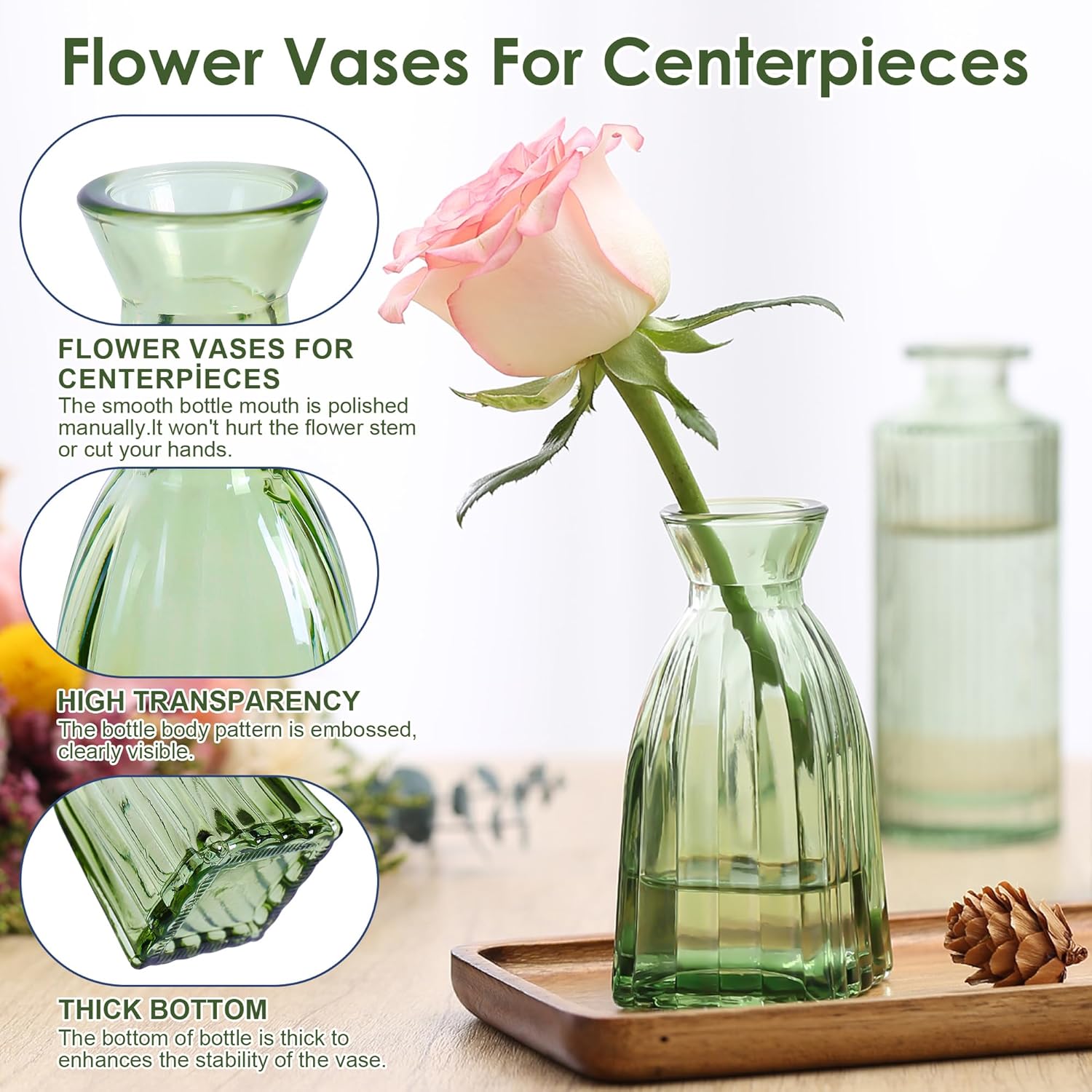 Vintage Small Glass Vases Set of 10,Mini Bud Vases for Flowers,Amber Glass Vases for Centerpieces,Wedding Decorations,Home Table Flower Decor (Hunt Green) - Image 5