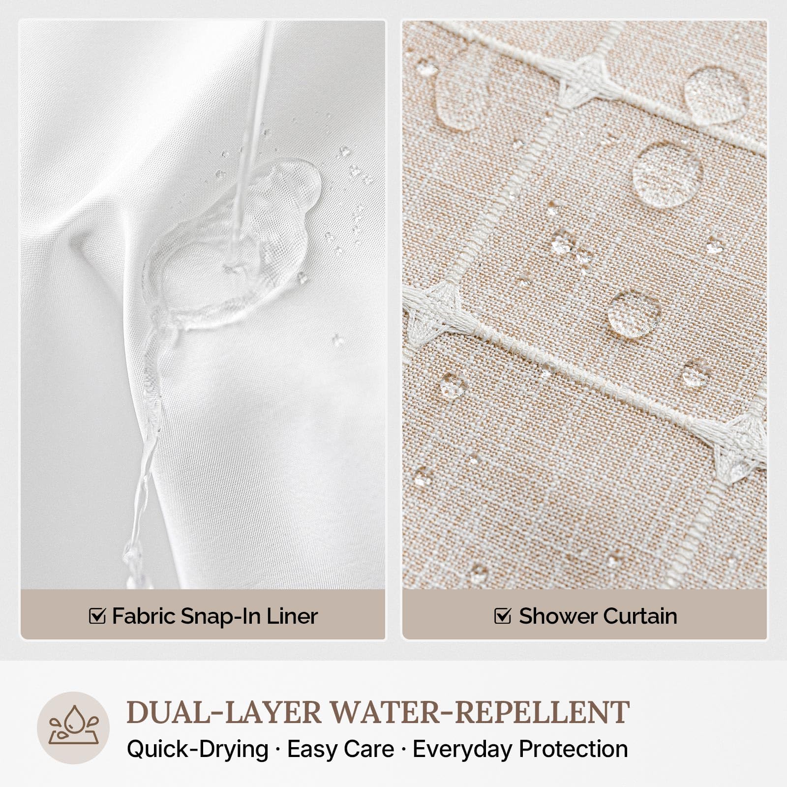 River Dream Cortina de ducha de lino con forro a presión, no necesita ganchos, con imanes, borlas, repelente al agua y lavable a máquina, 71 x 86 pulgadas