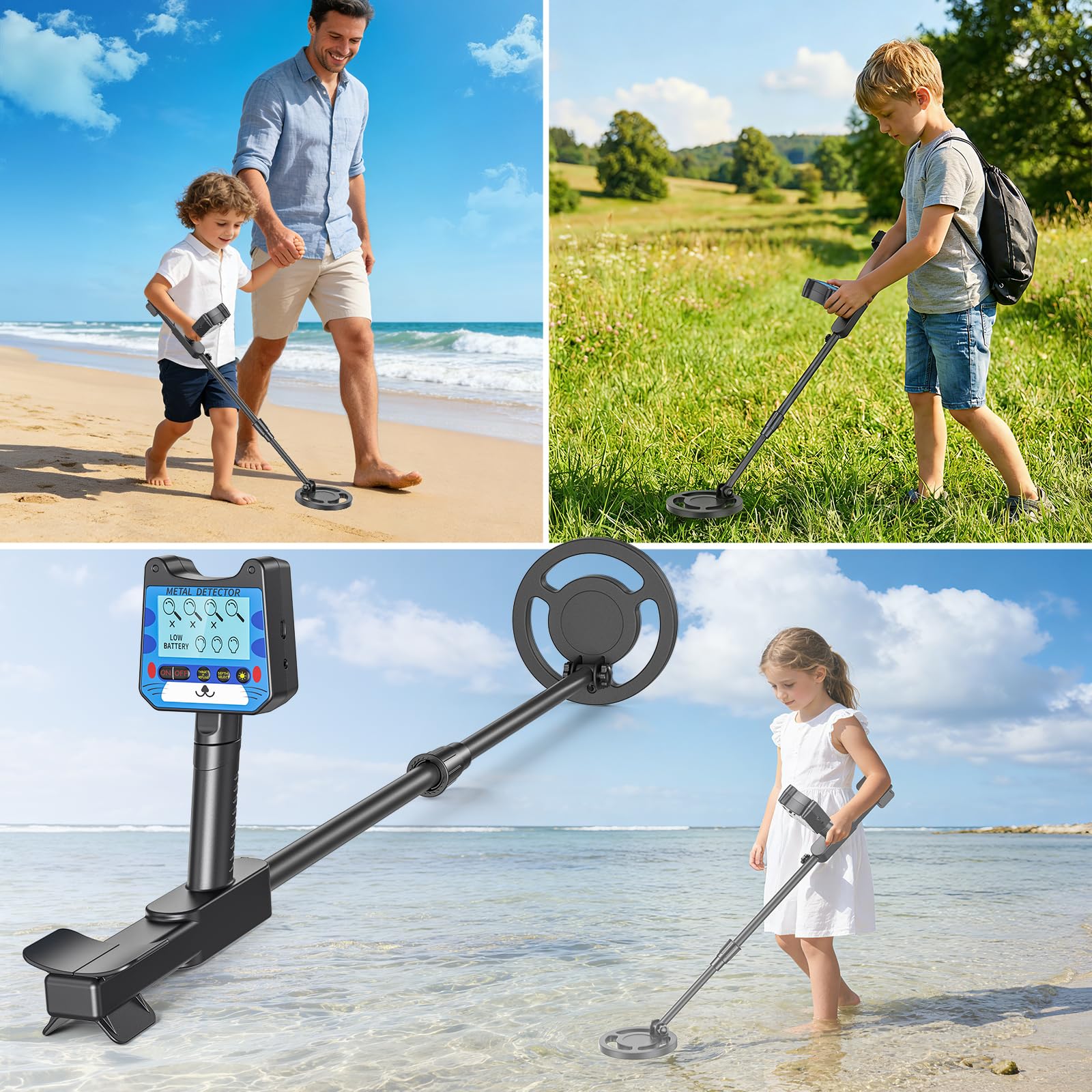 Metal Detector Bambini, Metal Detector per Bambino con Asta Regolabile, 2 Modalità Display LCD, Bobina di Ricerca Impermeabile, Ad Alta Sensibilità Metal Detector per Bambini con Borsa Pala Rastrello