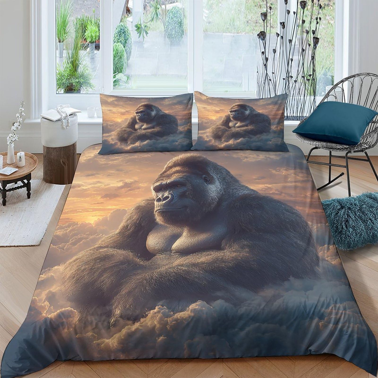 Ctjqhvkz Style-2 3D Printed Sunset Gorilla Fitted Sheet Microfiber Soft Breathable Mountain Cloud Mattress Cover For Bedroom Home Decor Single（135X200cm）